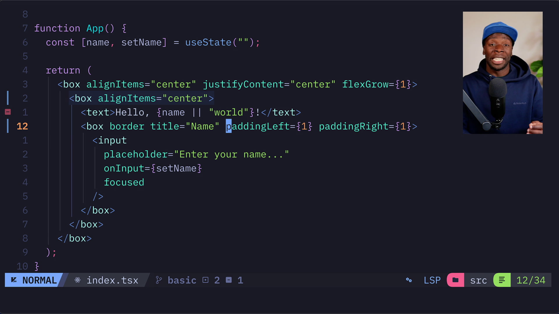Updated React code for the interactive Hello User example showing useState and the input component