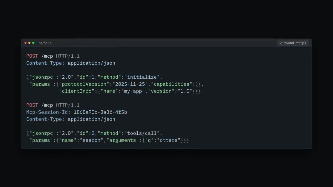 A side-by-side code comparison showing the "before" stateful request (requiring two network round trips) and the "after" stateless request (a single, self-contained call).