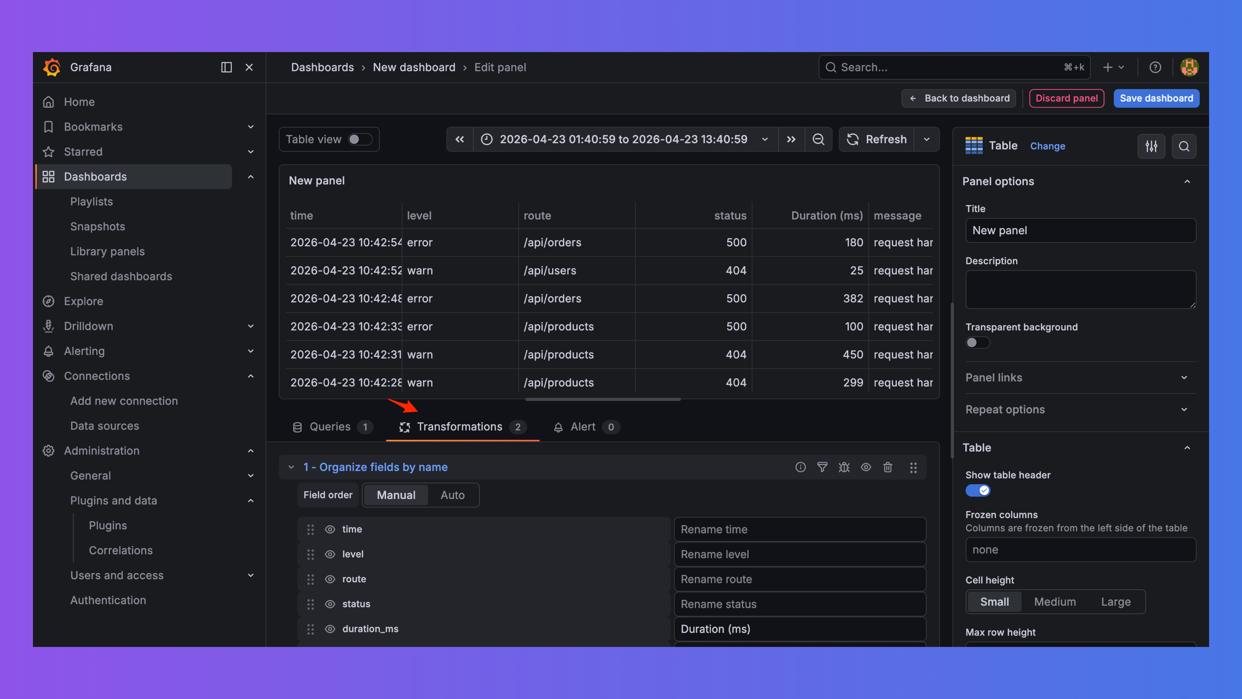 Log table panel in Grafana