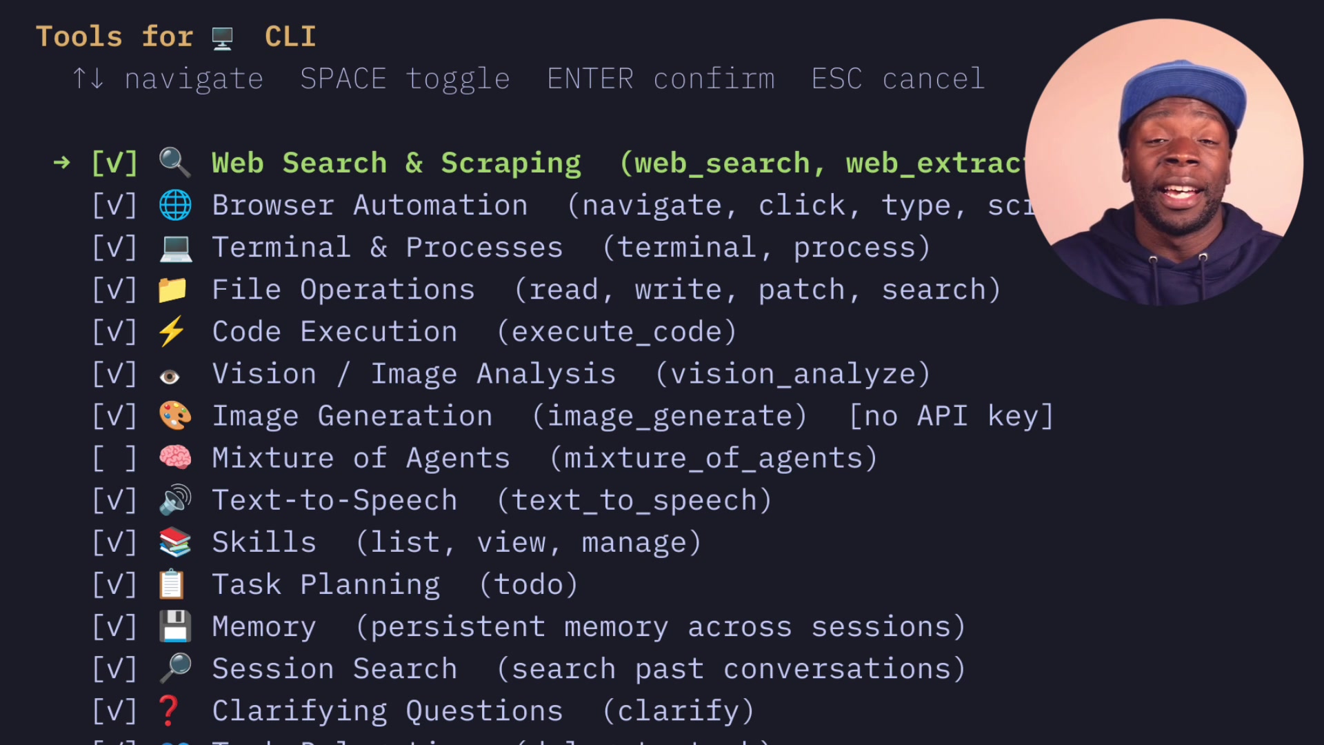 List of available CLI tools during setup showing options like Web Search, Browser Automation, and File Operations