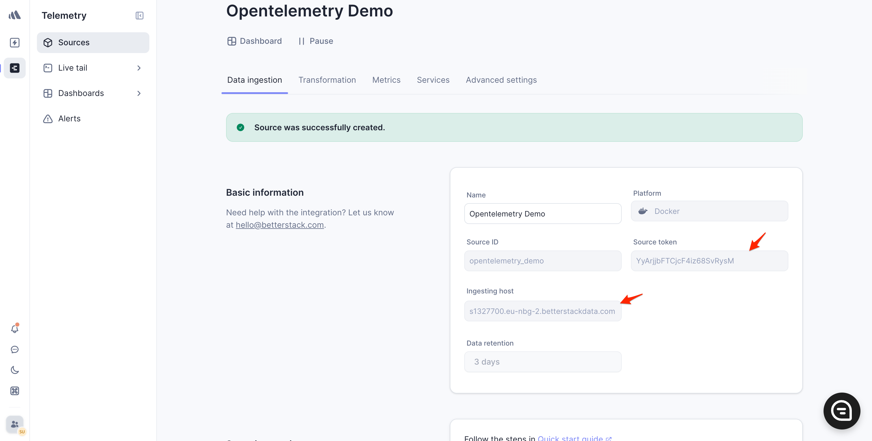 Copy source token in Better Stack
