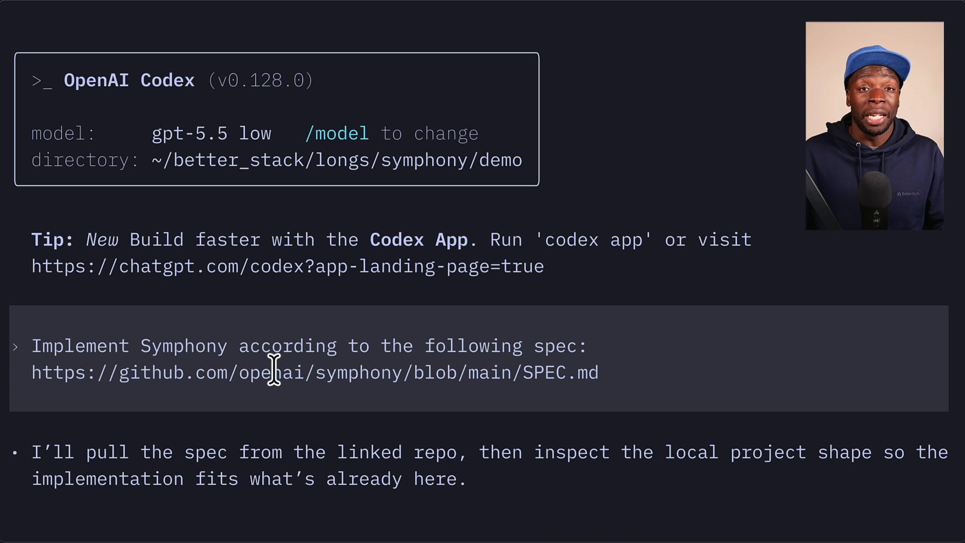 Terminal showing the prompt being given to the OpenAI Codex agent which then confirms it will pull the spec and build the implementation