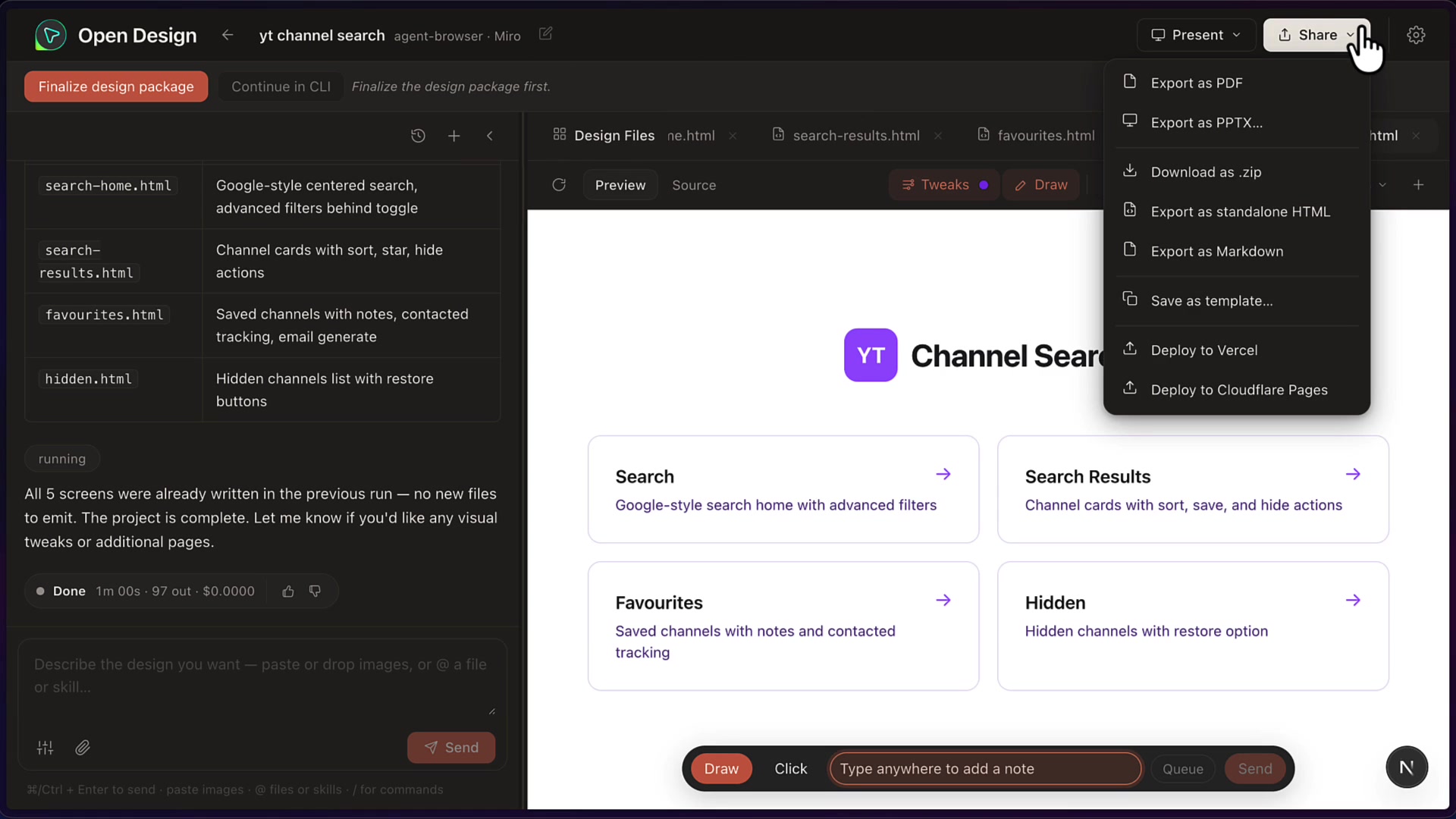 Share dropdown menu listing export options including PDF, PPTX, Download as .zip, and deploy options for Vercel and Cloudflare Pages