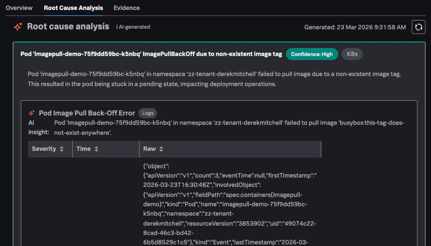 Screenshot of ai sre features troubleshooting agent