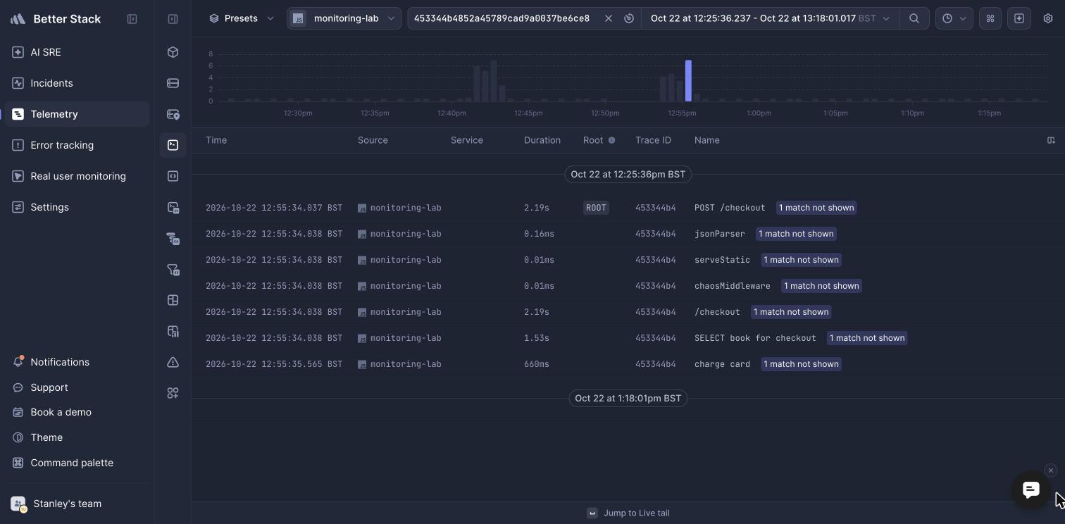 Better Stack spans for a failing checkout, with the slow query