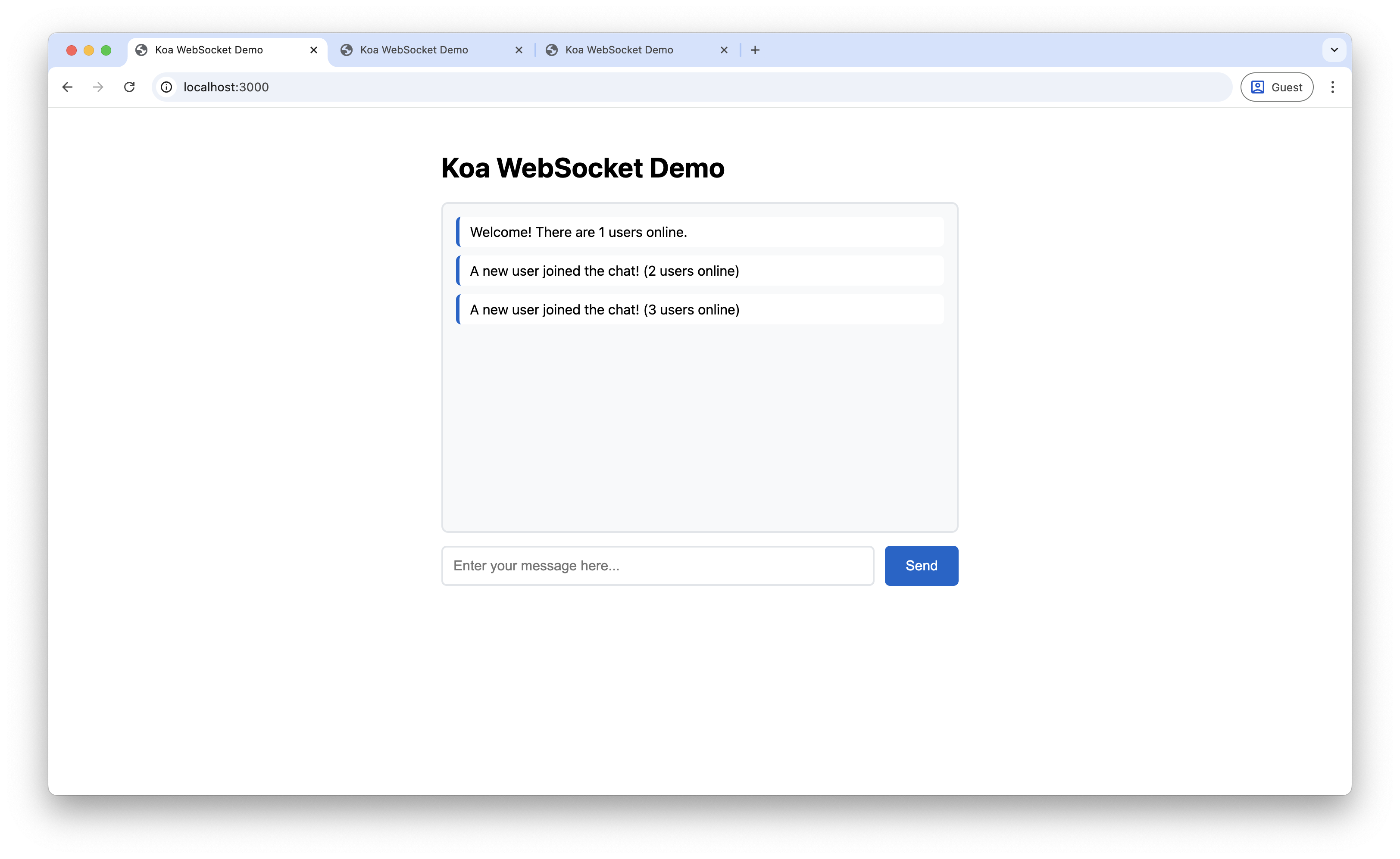 Screenshot of message broadcasting across multiple clients