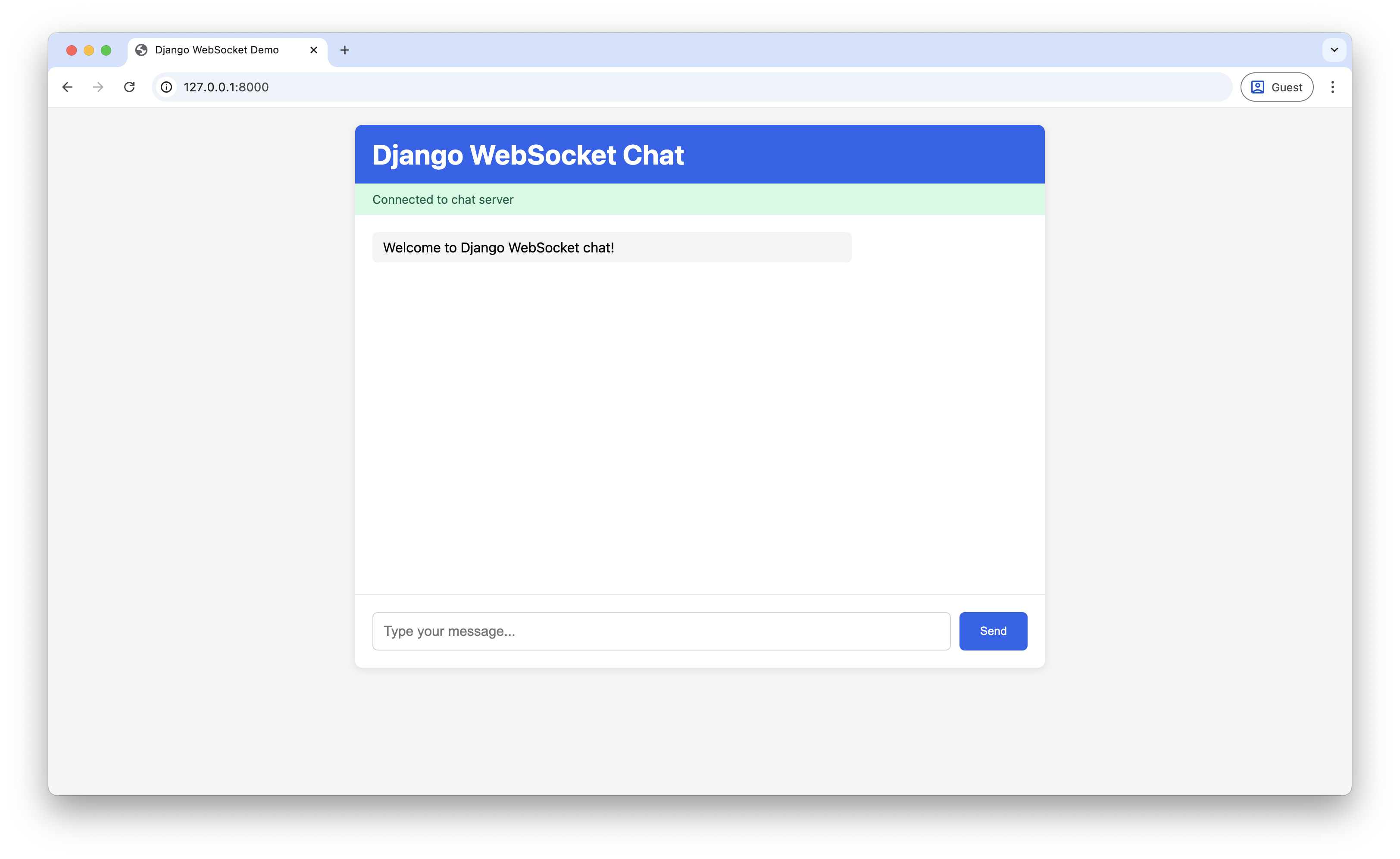 Screenshot of Django WebSocket chat interface showing successful connection