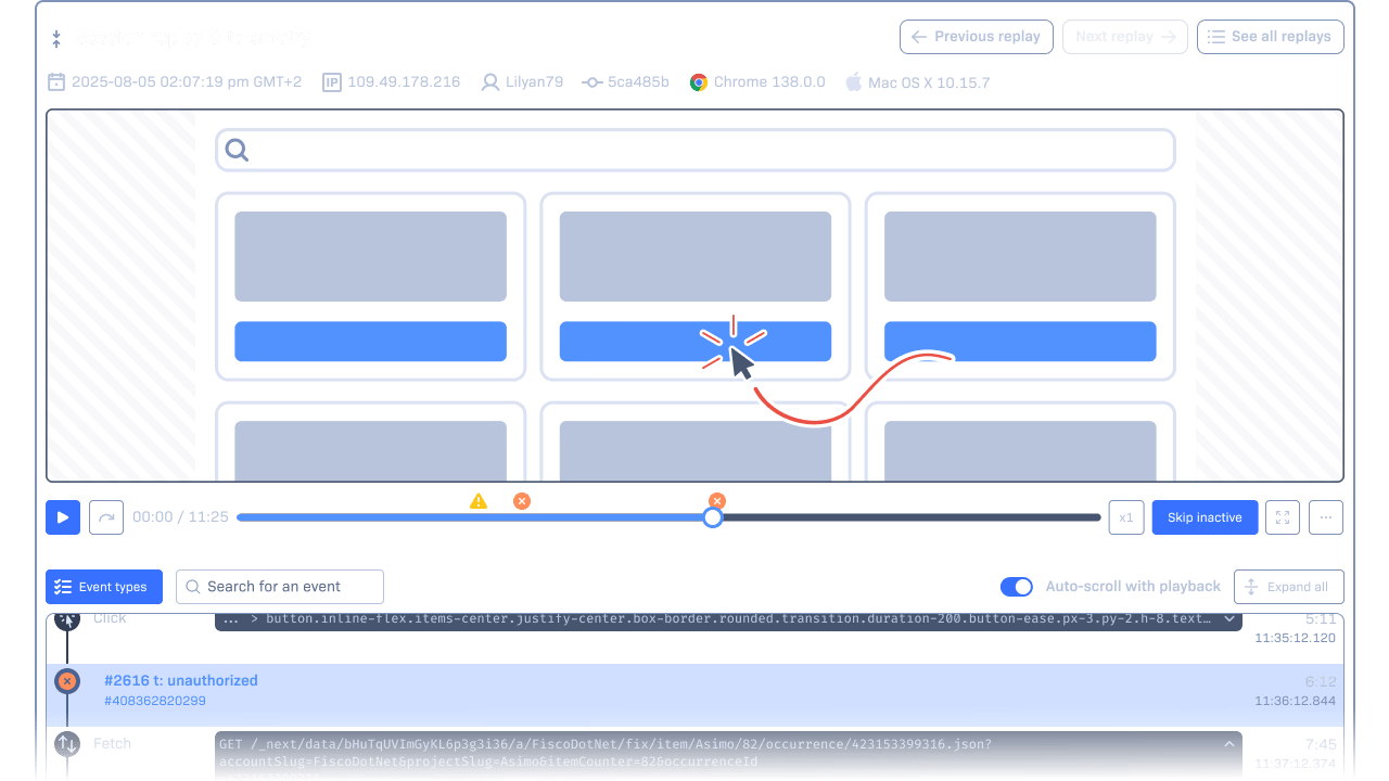 SCREENSHOT: Rollbar session replay alongside error detail