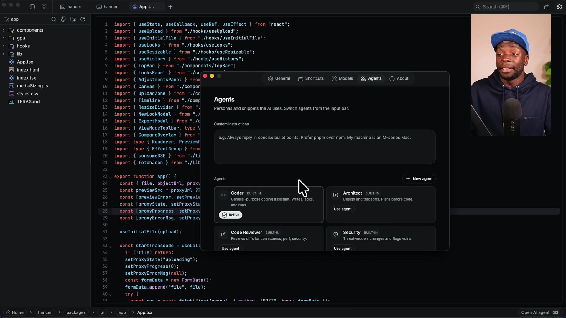 Agents tab in Terax settings showing the Custom Instructions text box and a gallery of agent personas including Coder, Architect, and Code Reviewer