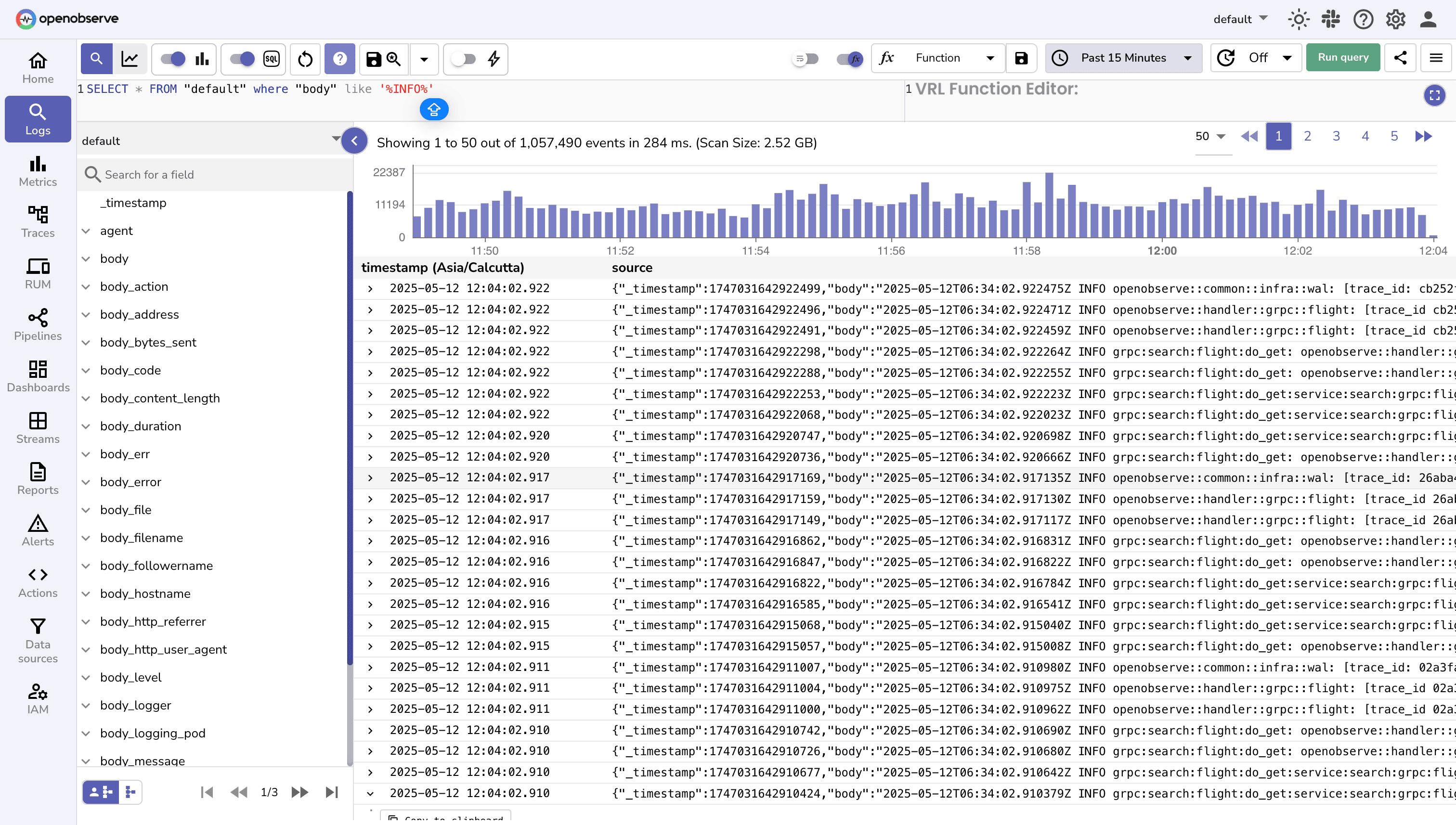 SCREENSHOT: OpenObserve log explorer