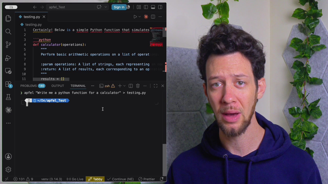 A view of a VS Code terminal where the user is typing the command to generate a Python function and save it to a file.