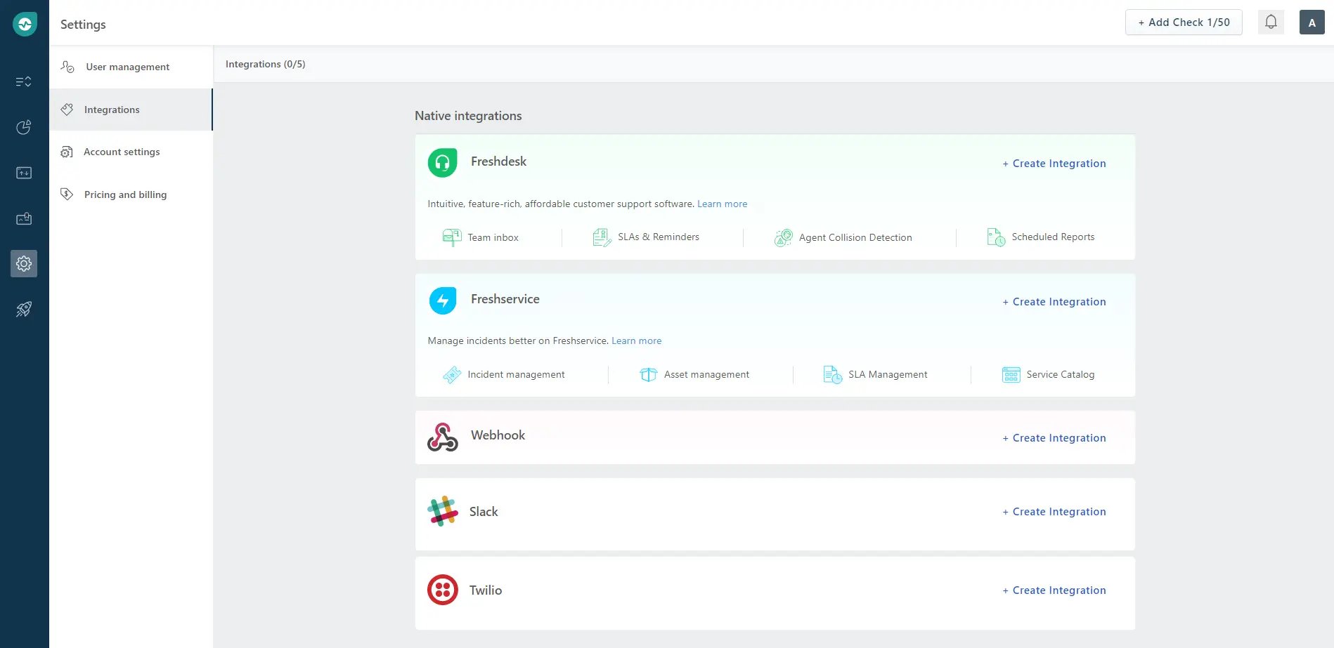 SCREENSHOT: Instatus integrations dashboard