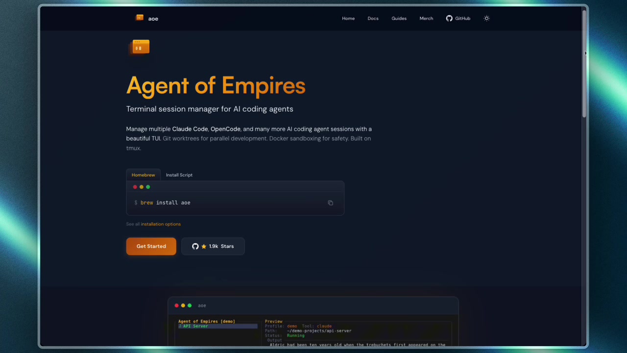 Official landing page for Agent of Empires showing its purpose as a "Terminal session manager for AI coding agents"