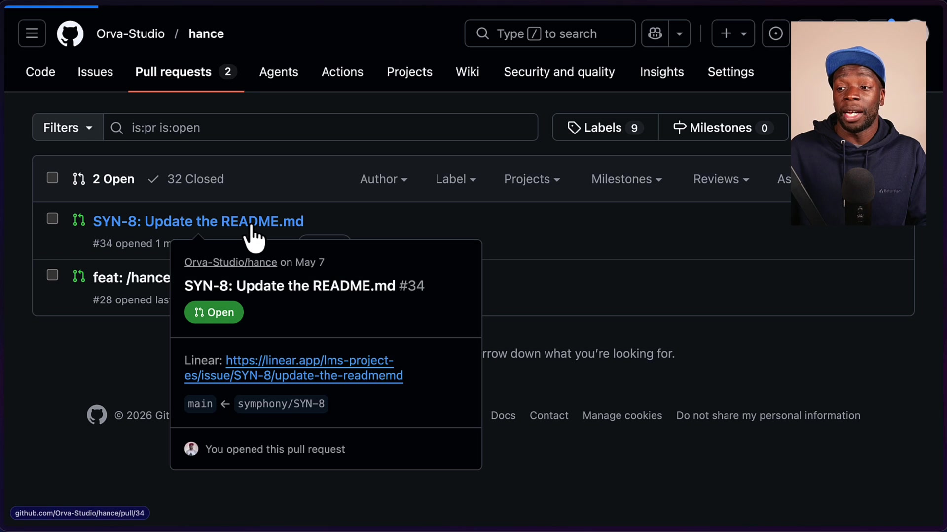 GitHub pull request screen showing a new PR created by the Symphony after_run hook with title and body linking back to the original Linear issue