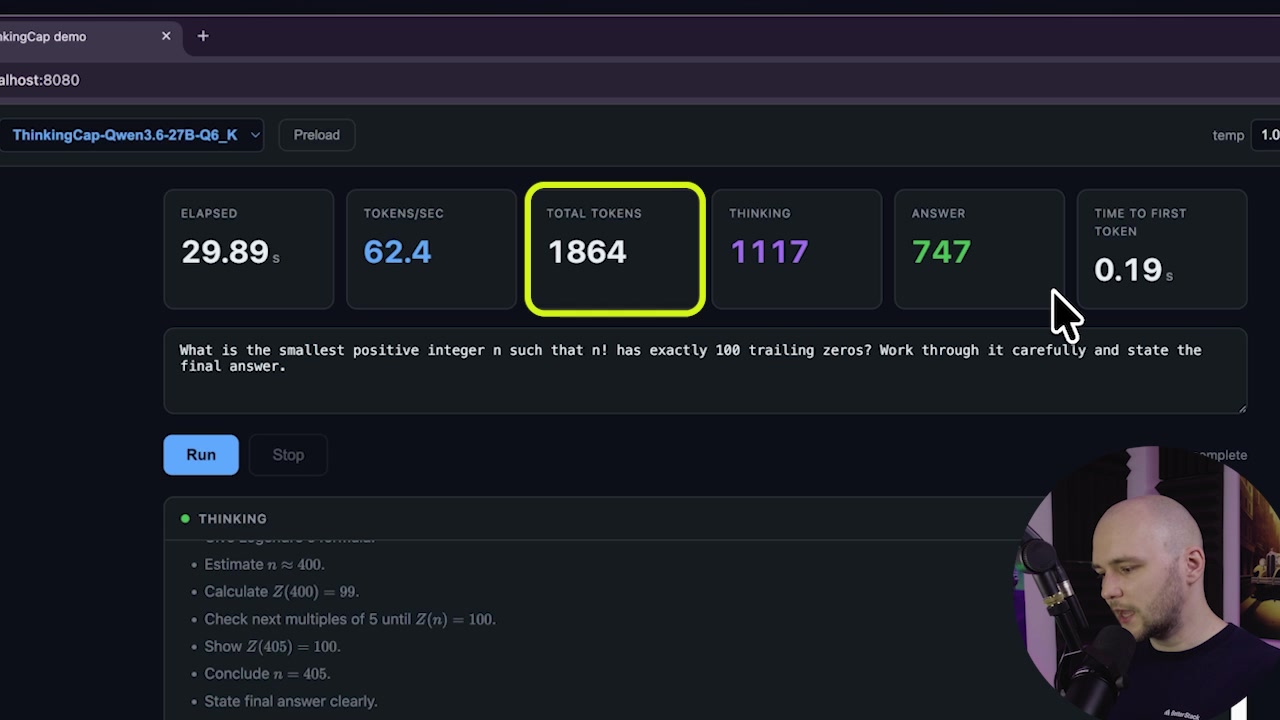 The final statistics for the ThinkingCap model run, showcasing the 29.89-second elapsed time and the much lower total token count of 1,864.