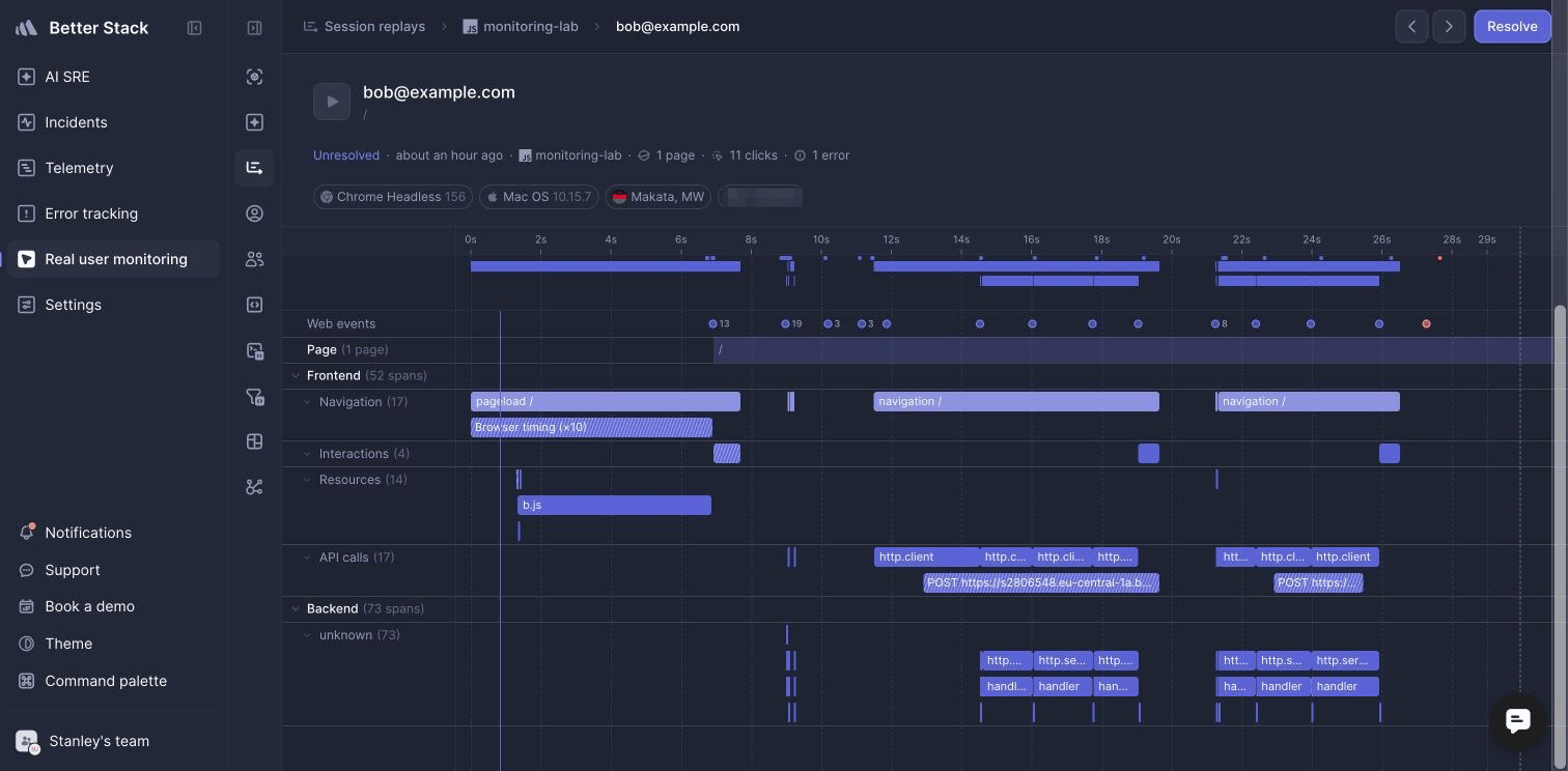 Better Stack session with frontend and backend spans on one timeline