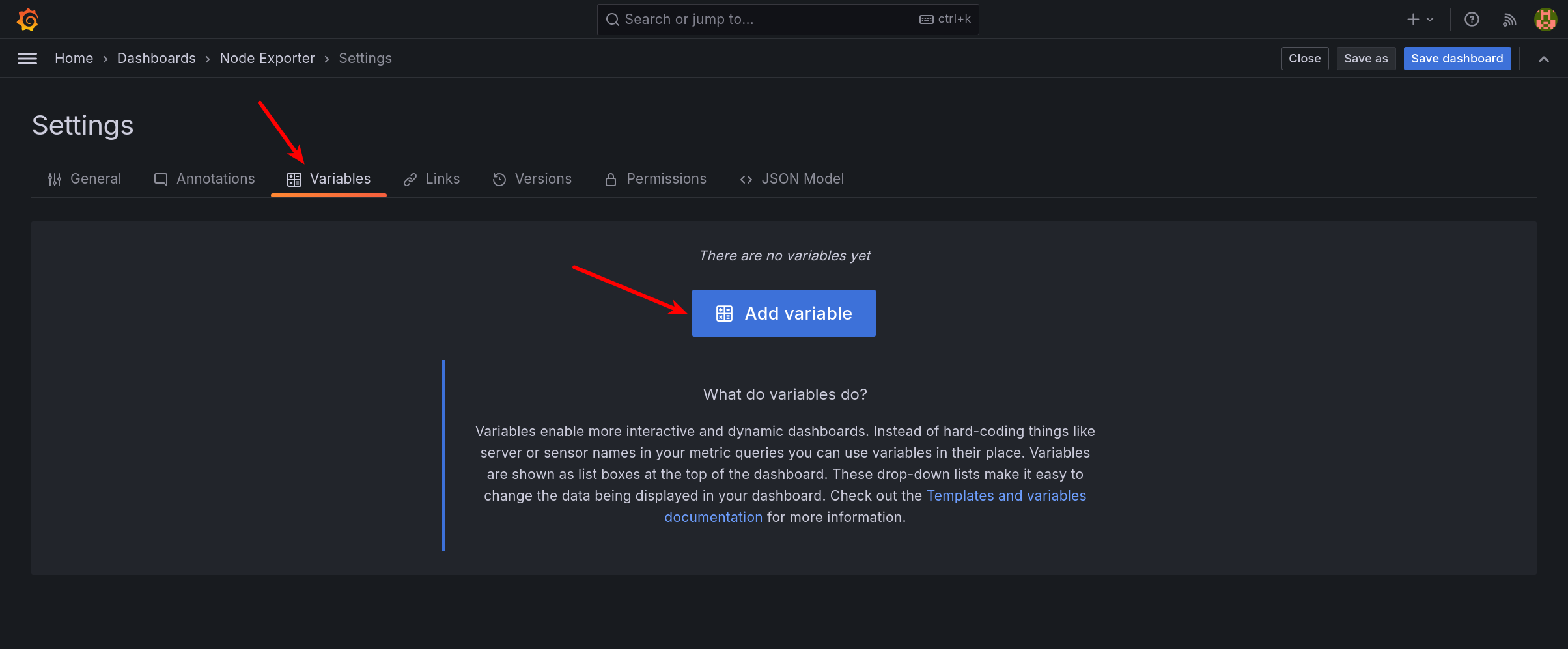 Variables page in Grafana dashboard settings