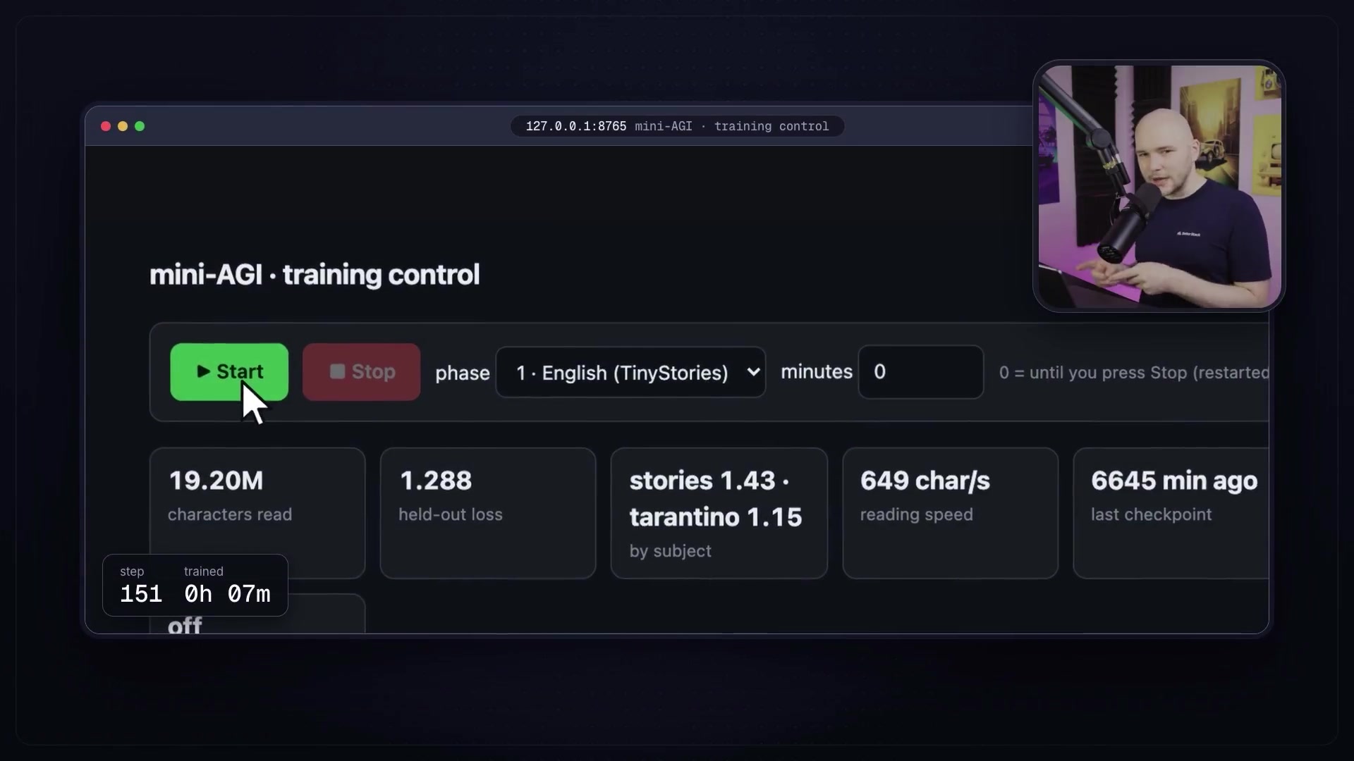 The mini-AGI training control dashboard, displaying key metrics like characters read, held-out loss, stories and tarantino scores, and reading speed.