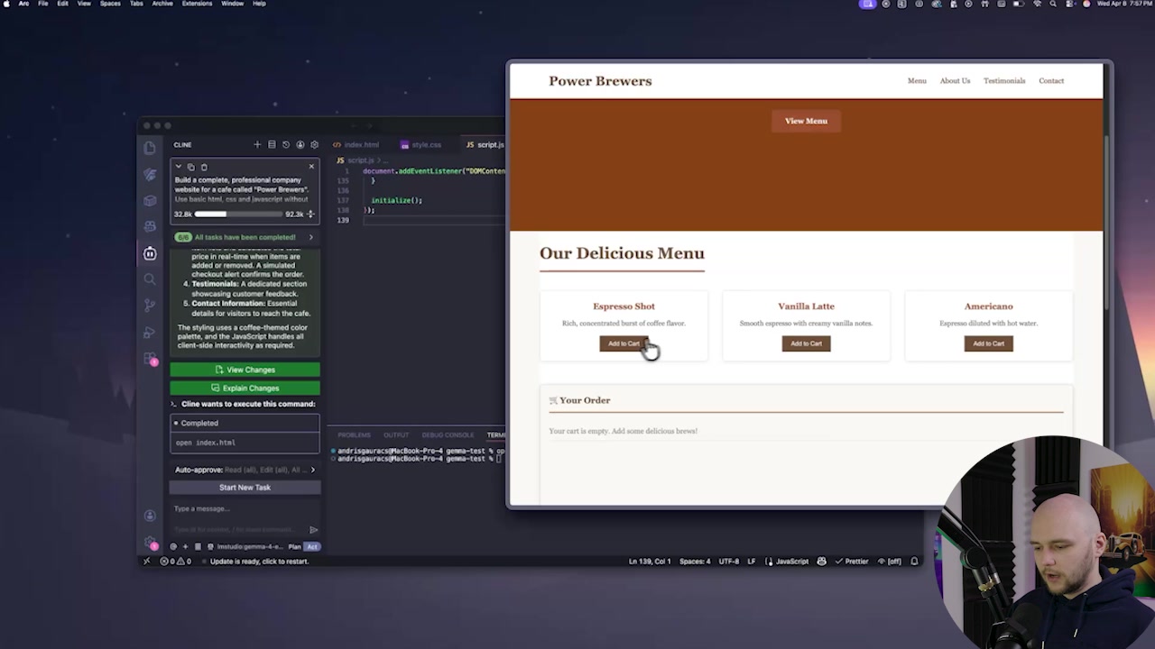 Improved website with a functional shopping cart generated by the Gemma 4 E4B model