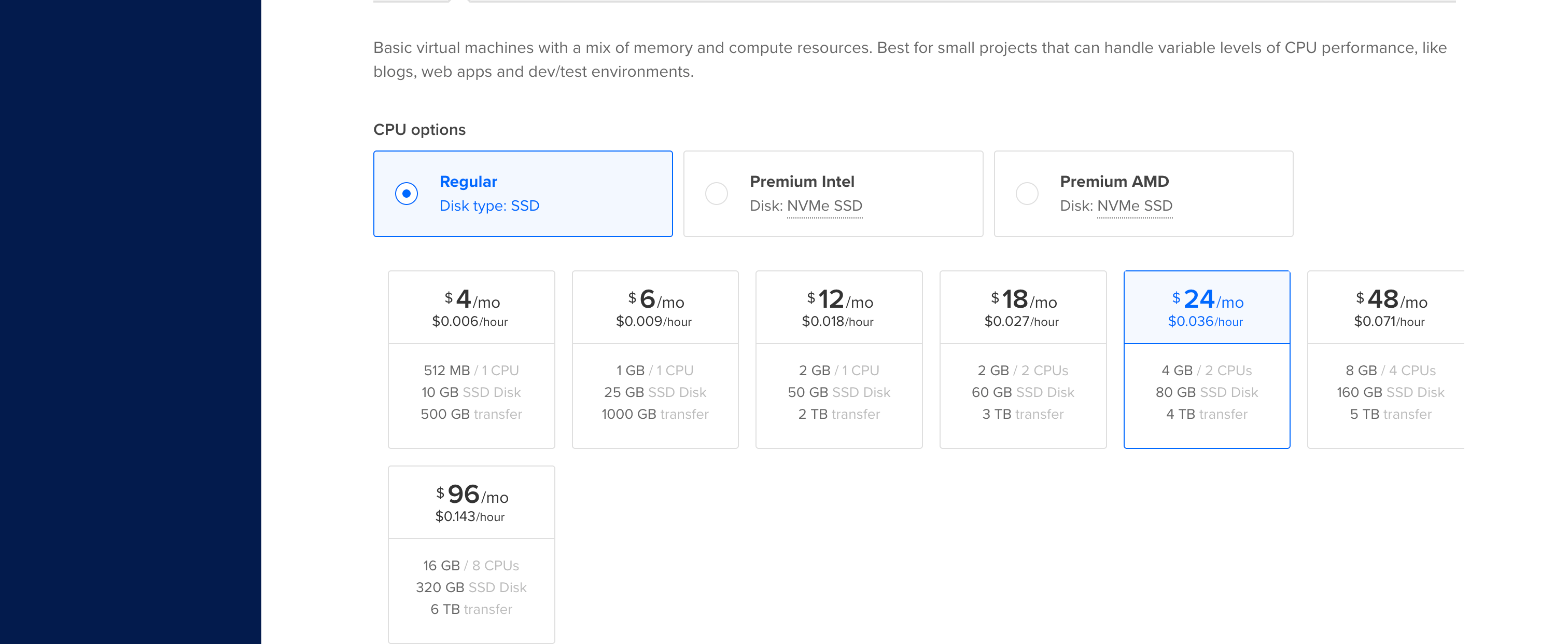 DigitalOcean Create Droplet page showing the Basic plan selected at $24/month with 2 vCPU / 4 GB RAM / 80 GB SSD highlighted