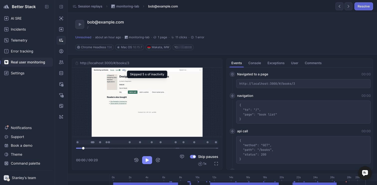 Better Stack session replay with its event list