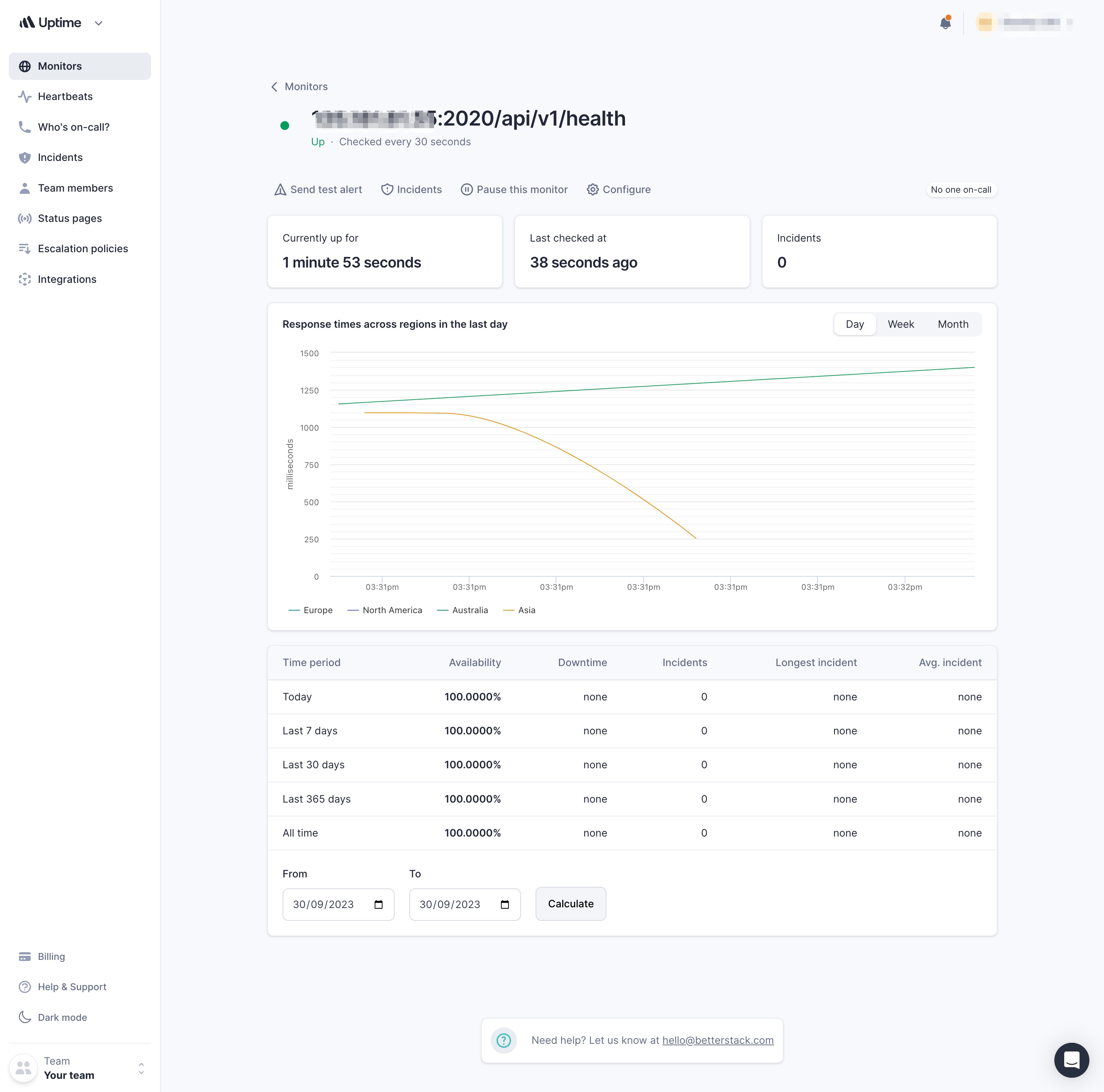 Screenshot of Better Stack monitoring `health` endpoint