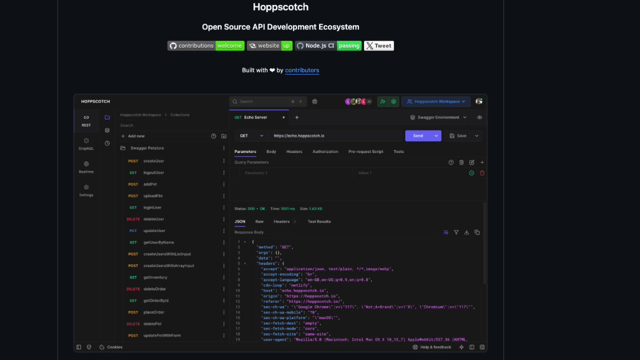 A screenshot of the Hoppscotch user interface, showing the clean layout with the request builder, sidebar, and response panel.
