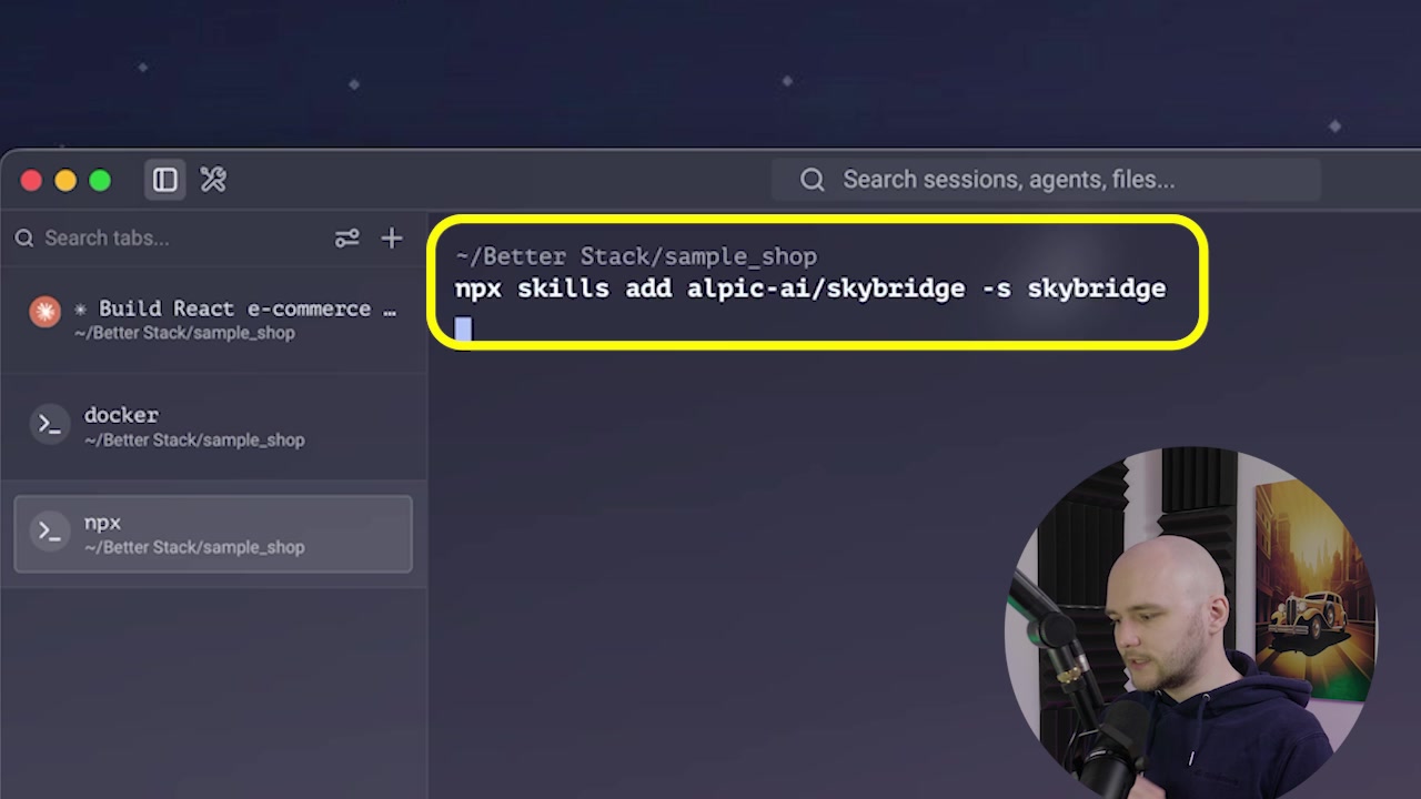 Terminal showing the npx skills add alpic-ai/skybridge command being executed