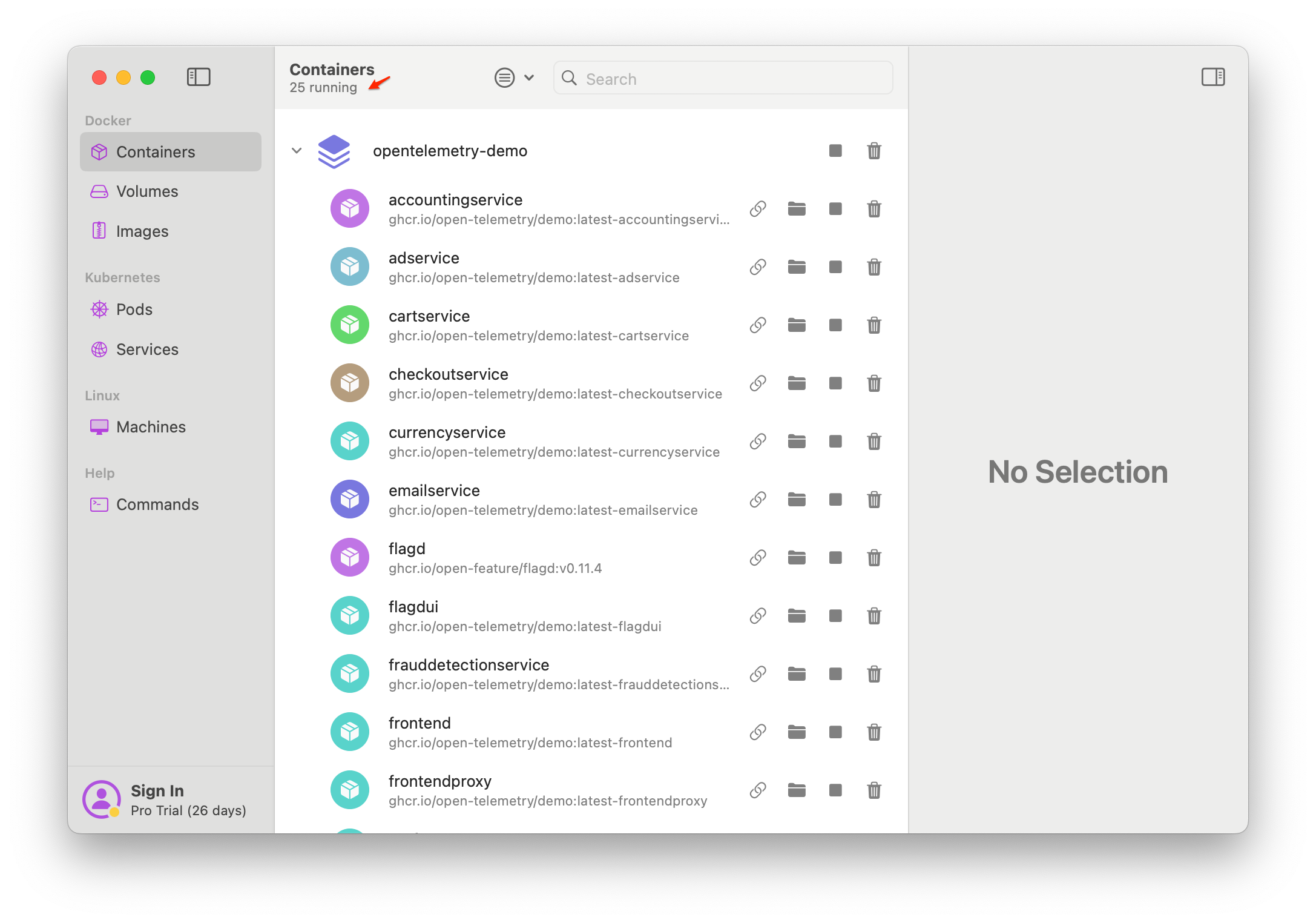 OrbStack Containers tab listing running containers along with their controls for stopping and removing