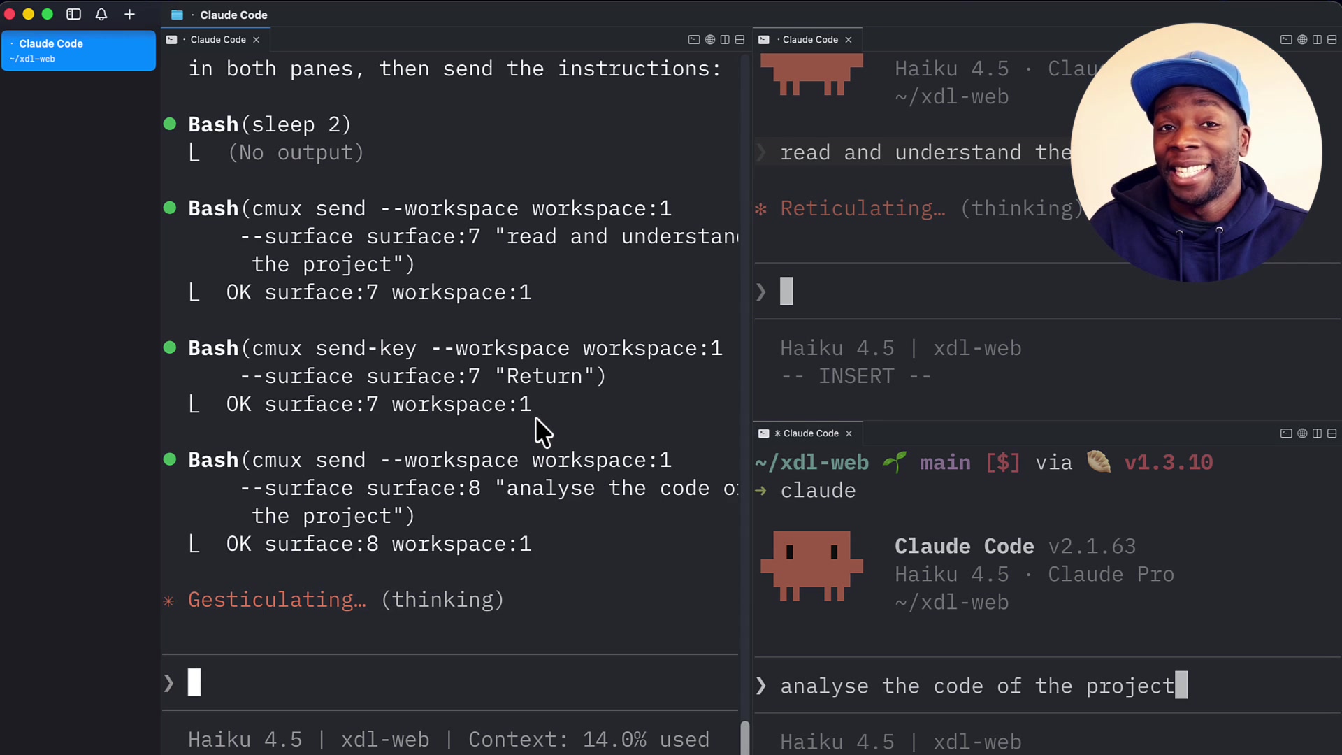 The three-pane layout is visible, with the main agent sending commands and the two sub-agents starting their respective tasks.