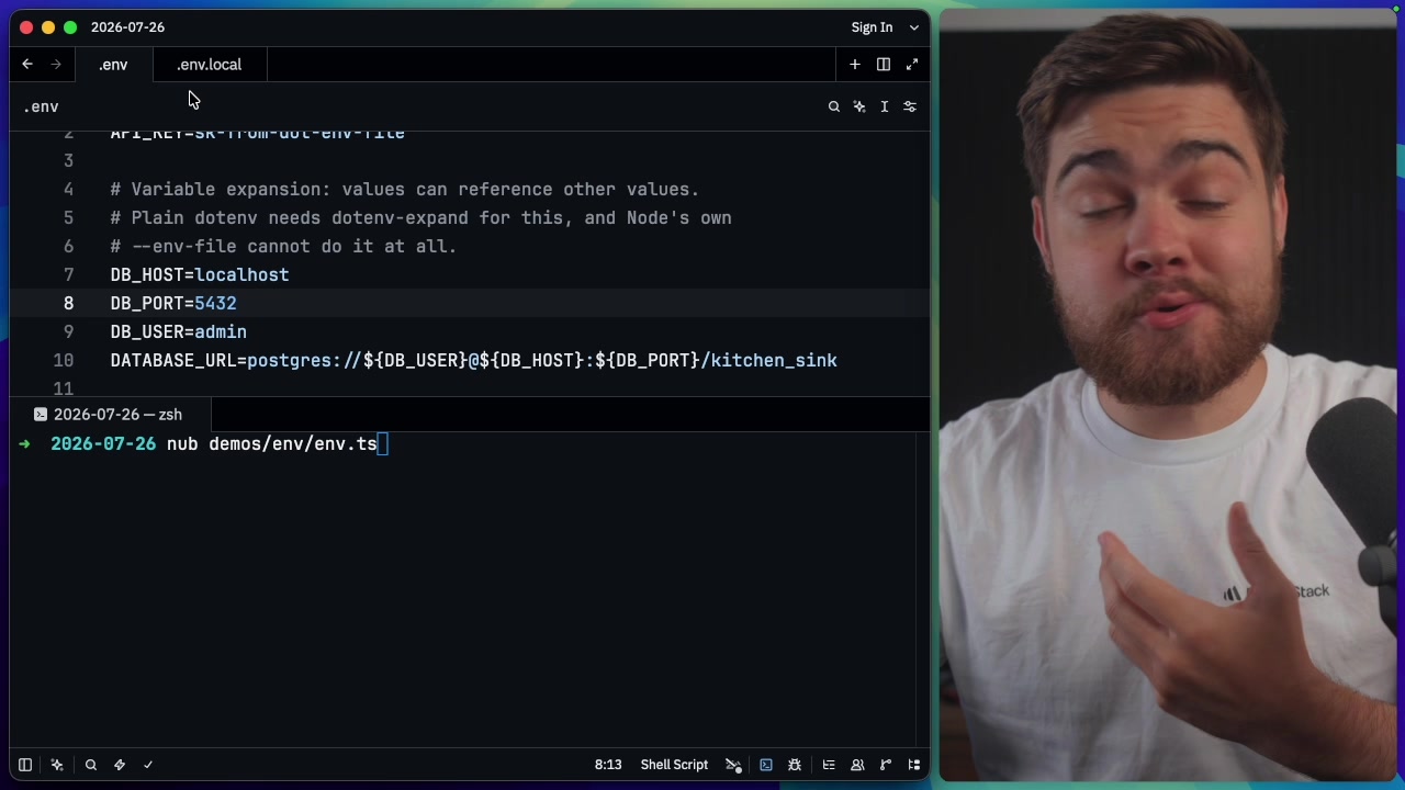 An example `.env` file within a code editor, highlighting the line with `DATABASE_URL` to showcase the variable expansion syntax.