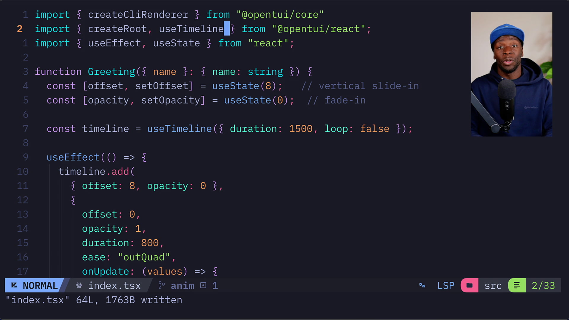 Code for the Greeting component highlighting the useTimeline hook and the useEffect block where the animation is defined