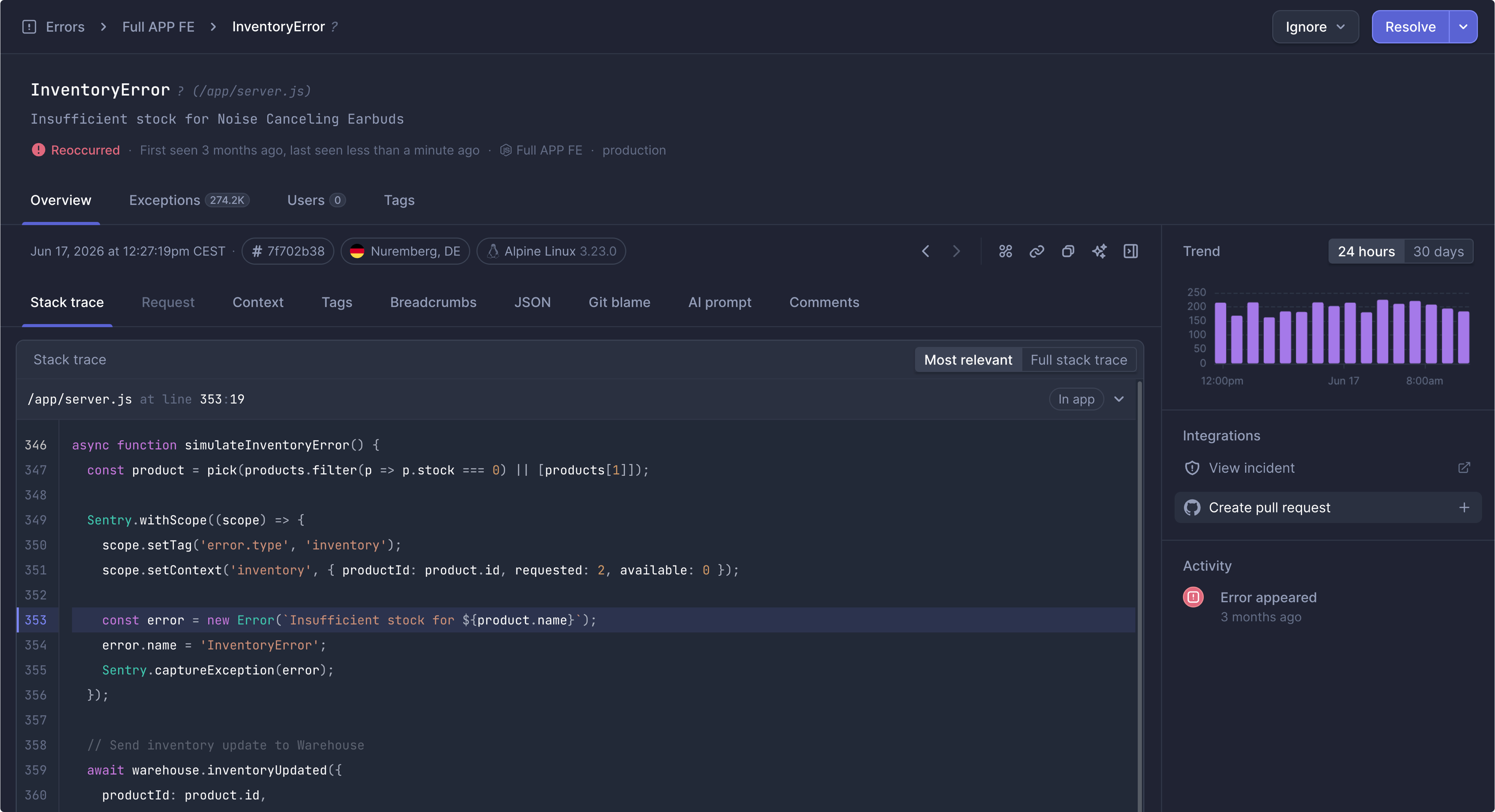 Create pull request button in Error