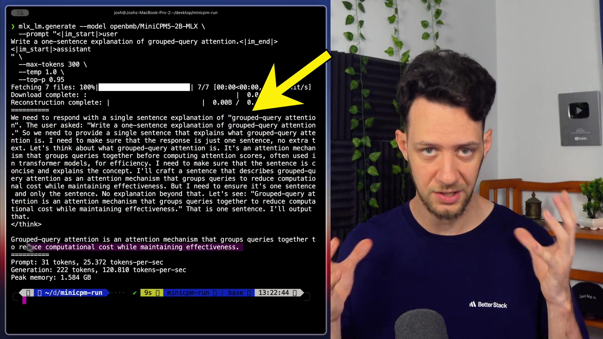 Terminal output showing the model's response, with the "think" block clearly highlighted, revealing its internal reasoning process before generating the final sentence.