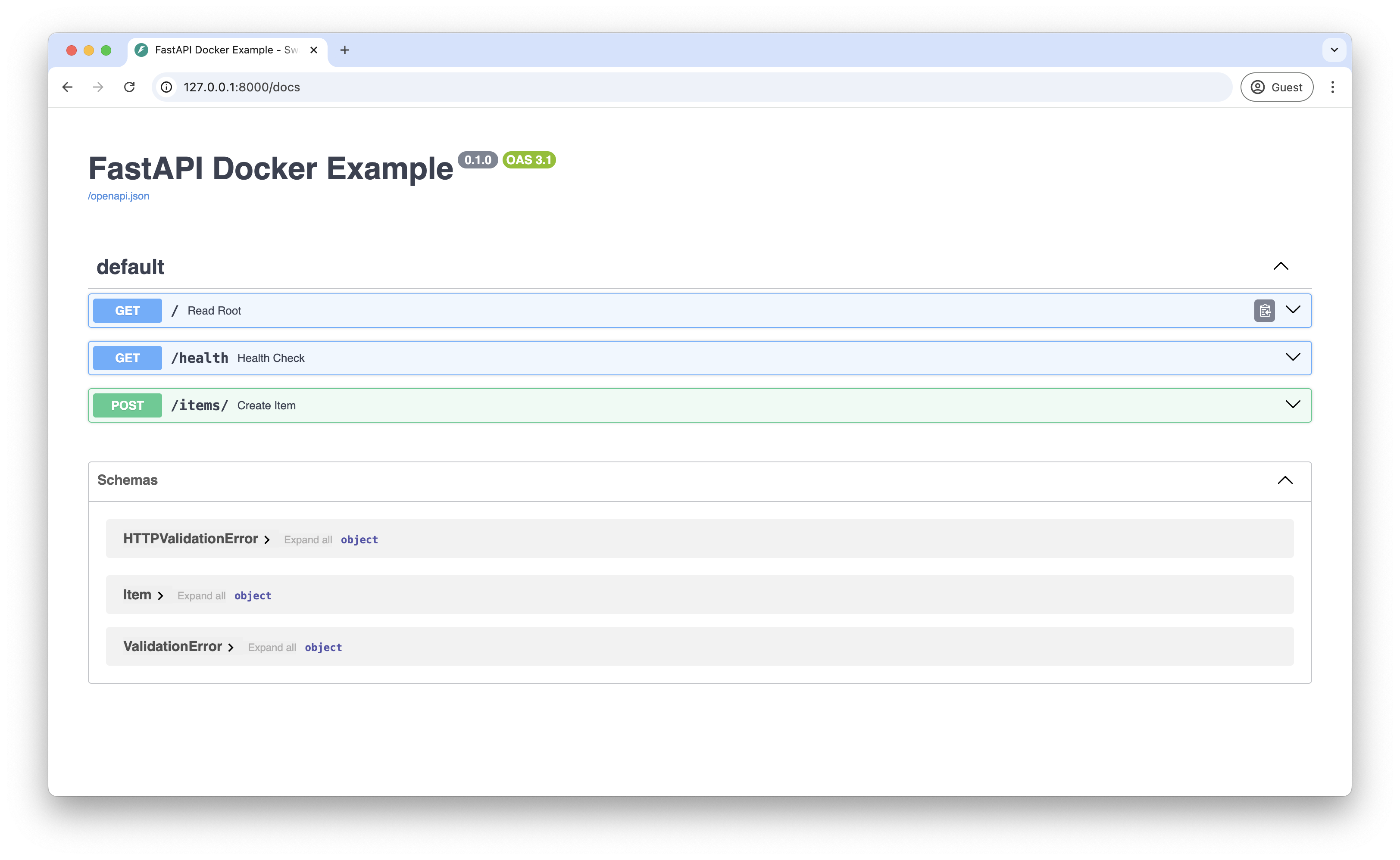 Screenshot of the FastAPI automatic API documentation