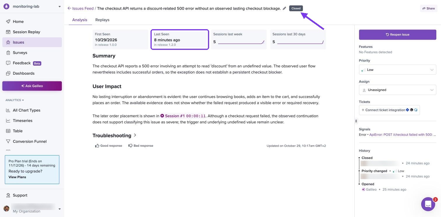 LogRocket issue still Closed on release 1.2.0 with five sessions