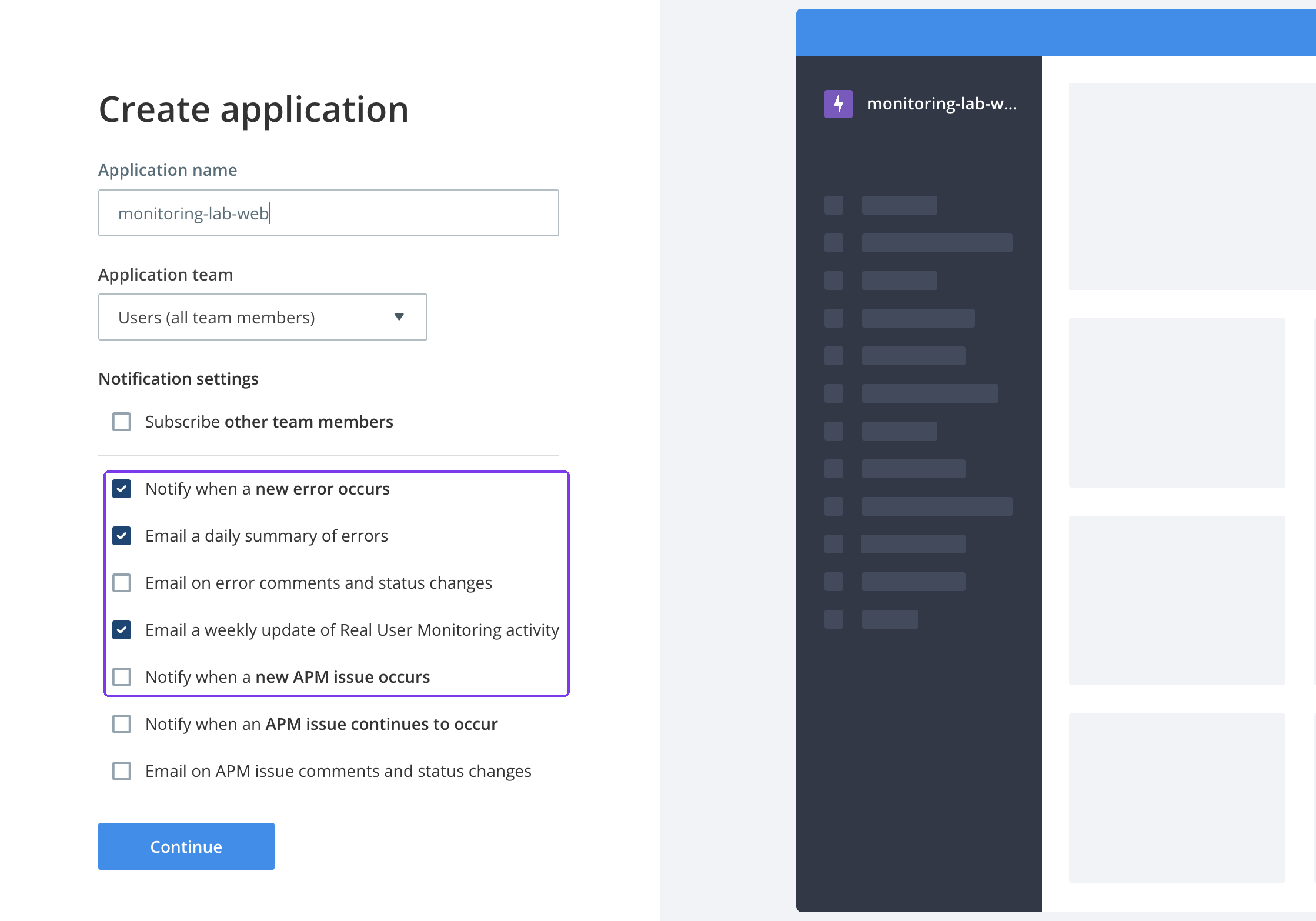Raygun Create application form with notification defaults