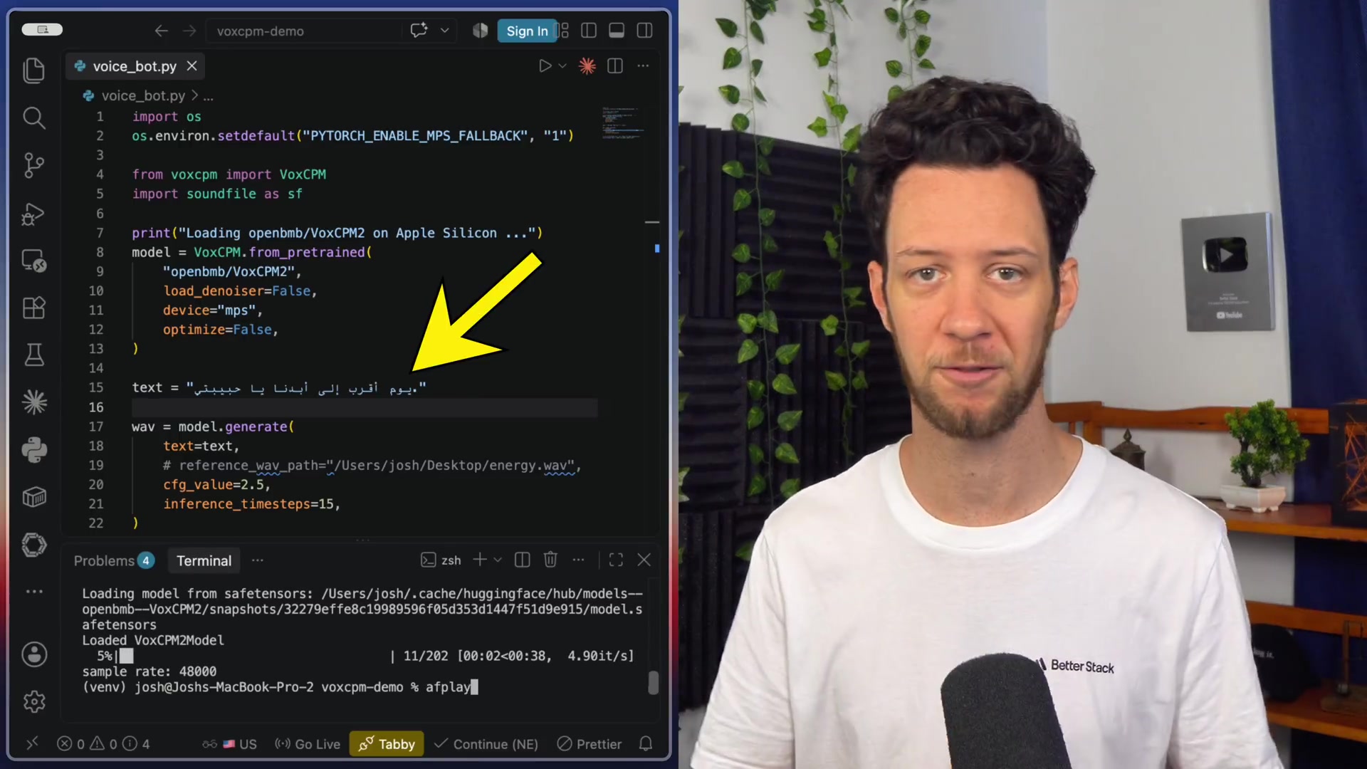 The script is updated to show Arabic text being passed to the model.