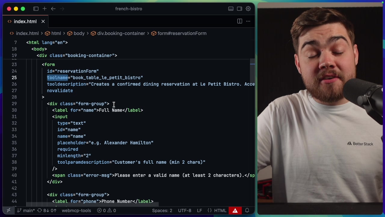 A snippet of HTML code. The `<form>` tag is highlighted, showing the `toolname="book_table_le_petit_bistro"` and `tooldescription="..."` attributes.