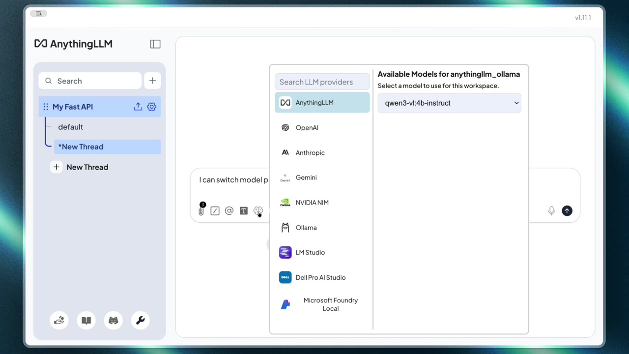 The model provider selection menu in the chat interface, showing a long list of available services like Gemini, OpenAI, Anthropic, and many more.
