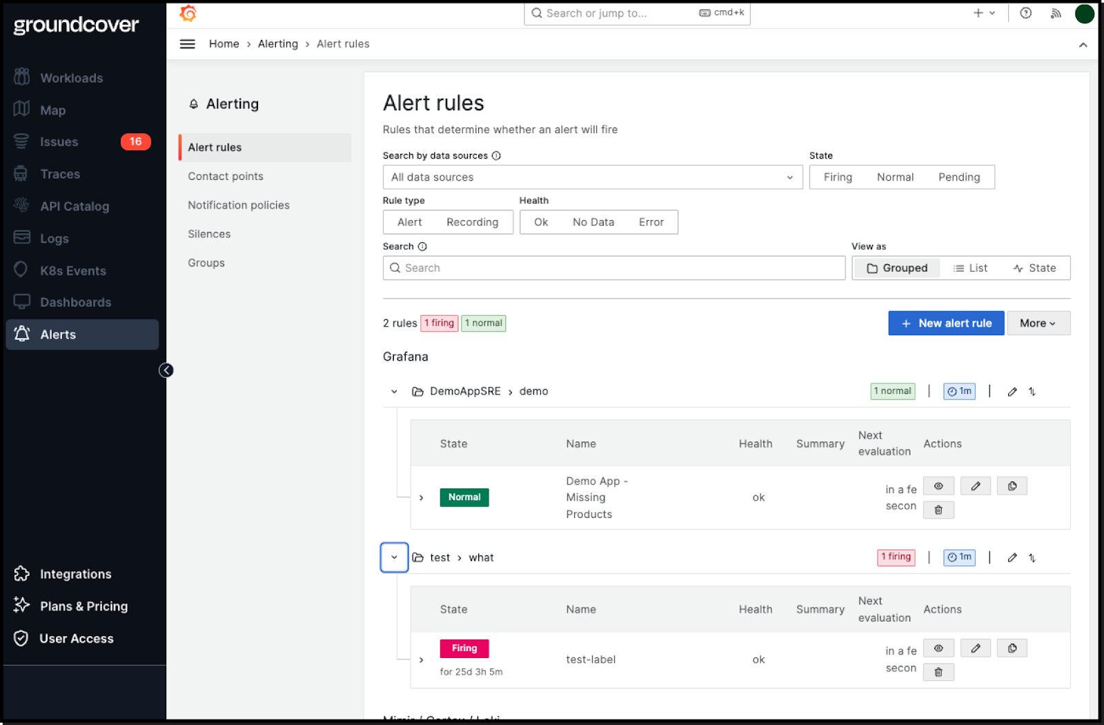 Screenshot of groundcover alert