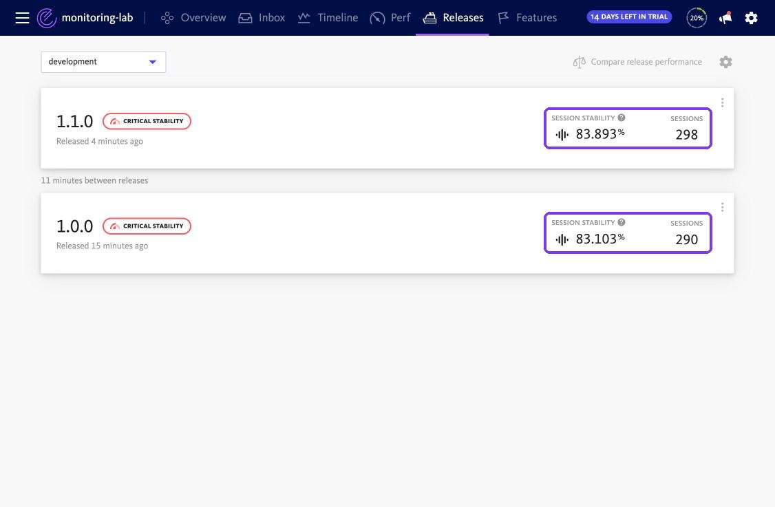 BugSnag releases page with stability for 1.0.0 and 1.1.0