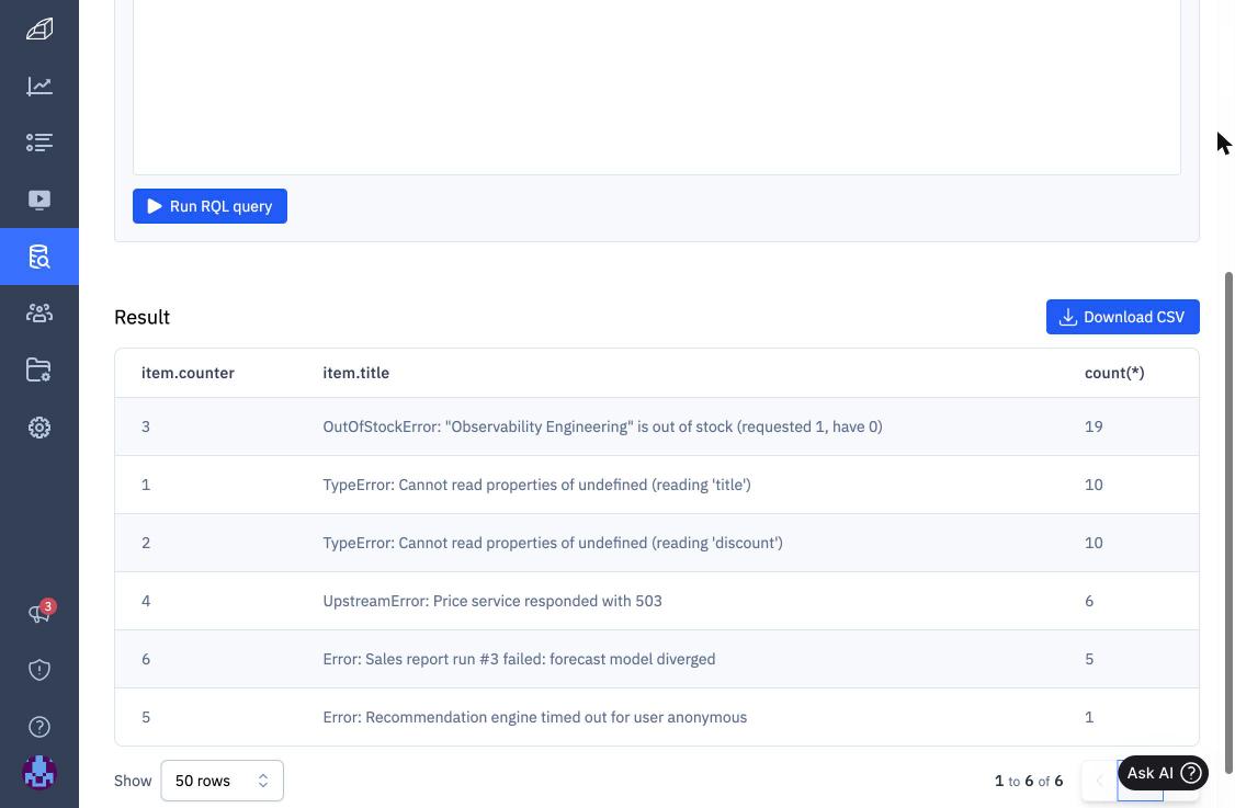 Rollbar RQL query counting occurrences per item