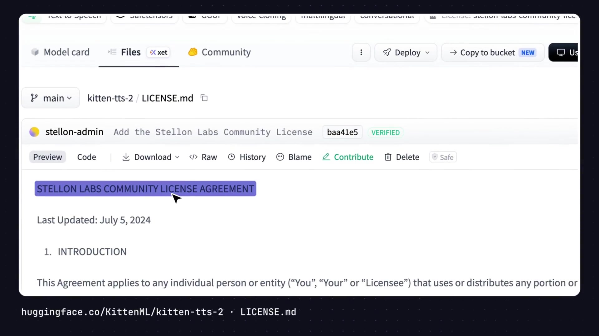 Screenshot of the STELLON LABS COMMUNITY LICENSE AGREEMENT file on Hugging Face.