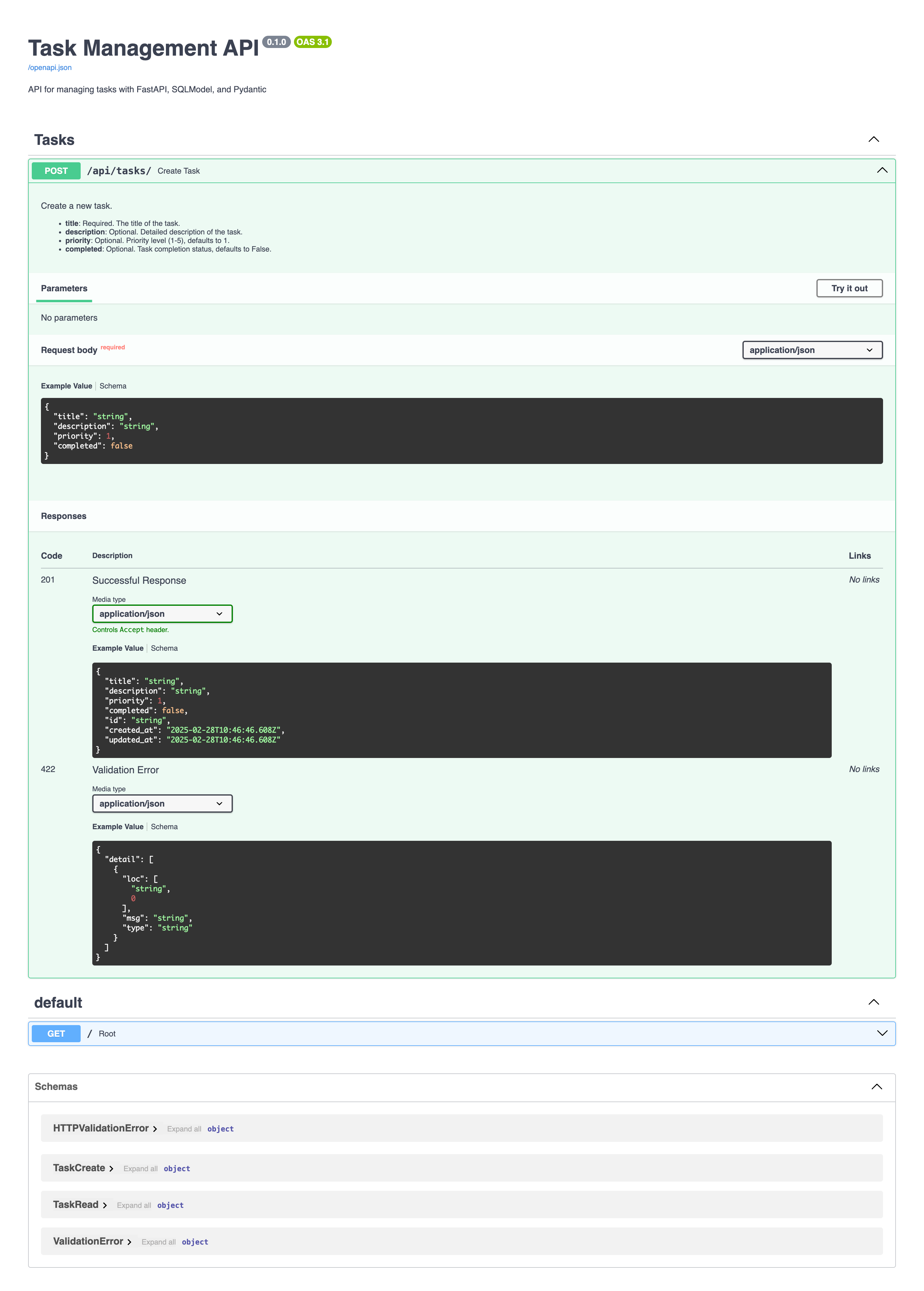 Screenshot of Swagger UI with information about your task creating endpoint