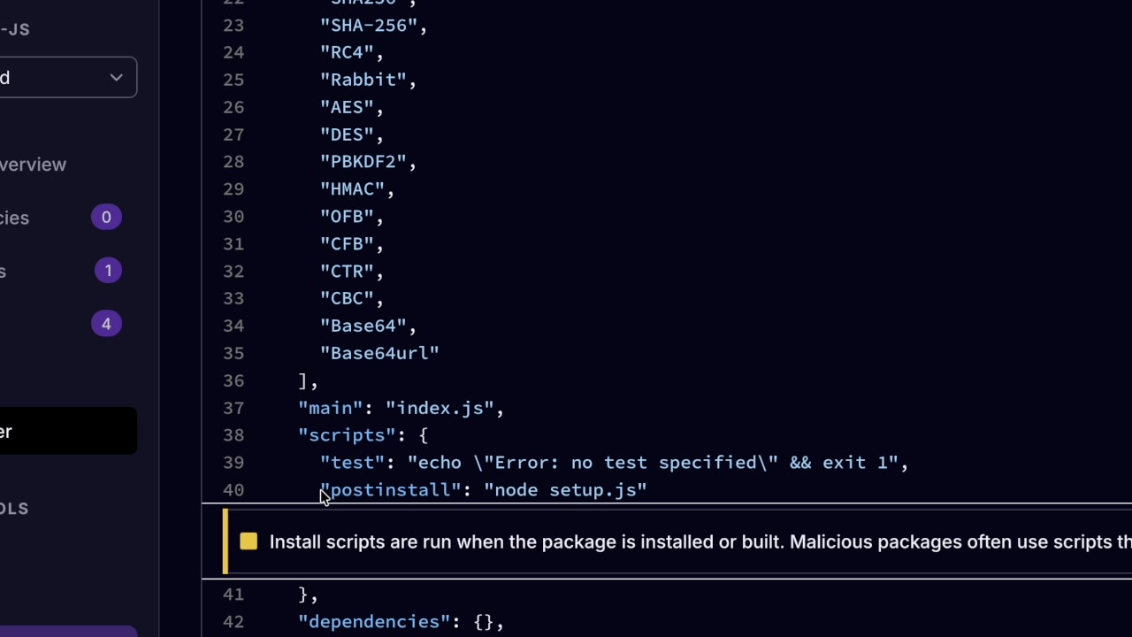 Close-up of the package.json for plain-crypto-js highlighting the line "postinstall": "node setup.js"