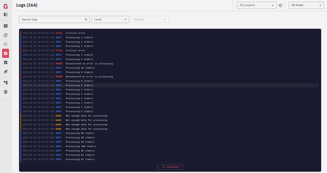 Screenshot of GlitchTip's log management