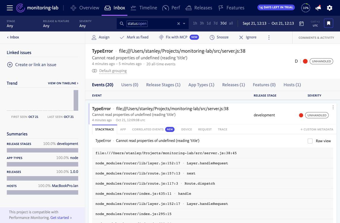 BugSnag stack trace for the title TypeError, frames only
