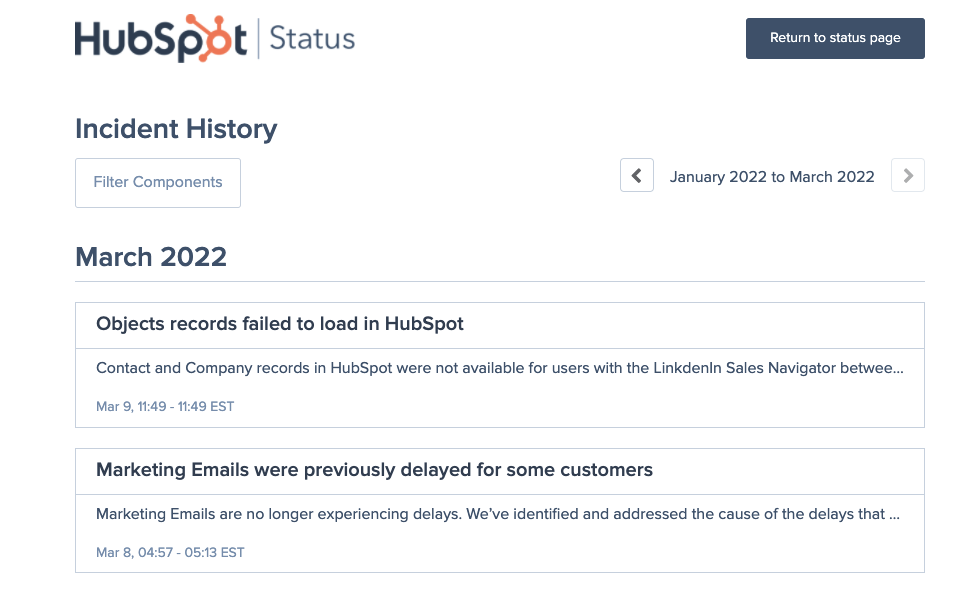 Hubspot status page