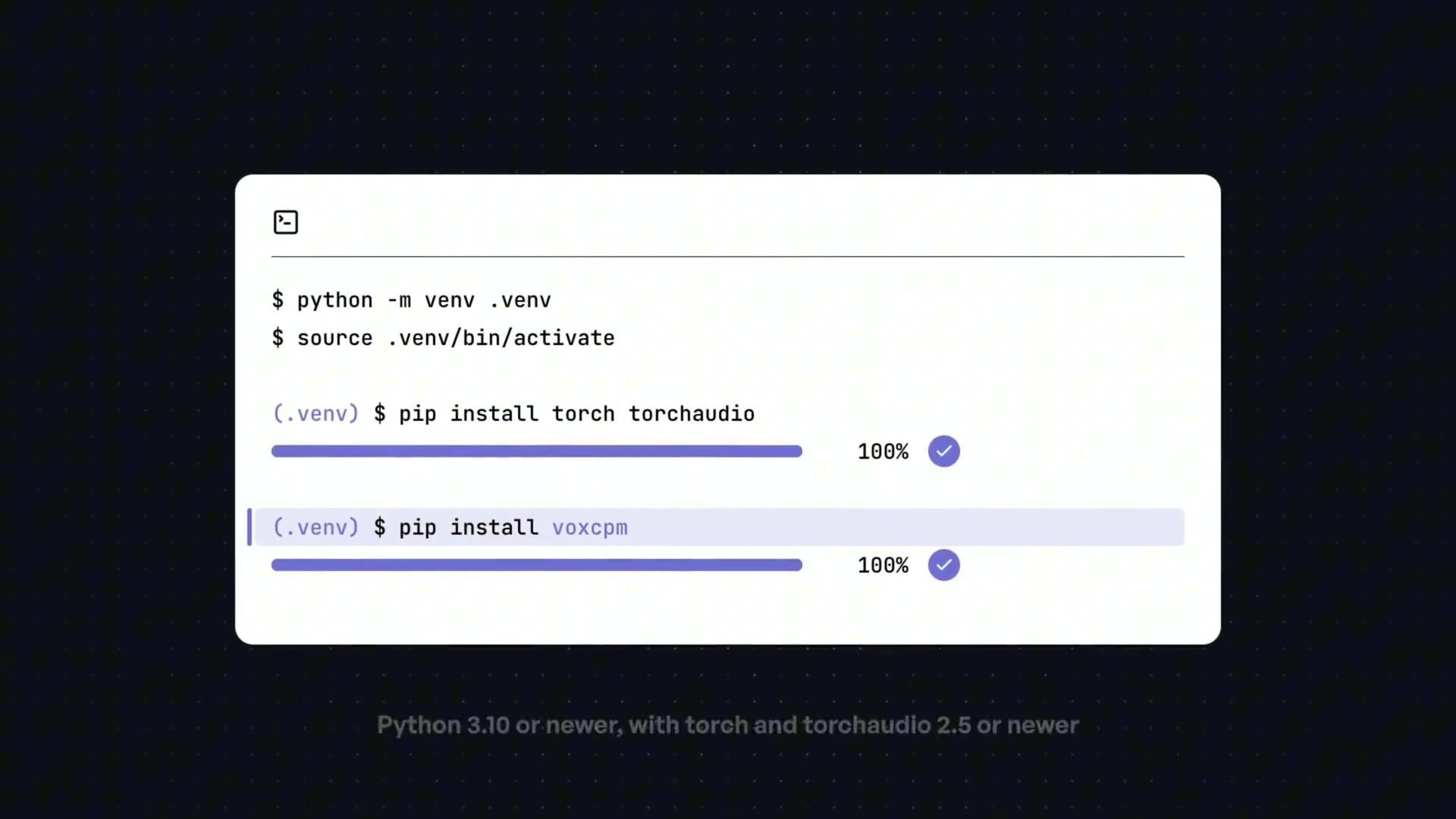 A terminal window showing the successful completion of the `pip install voxcpm` command.